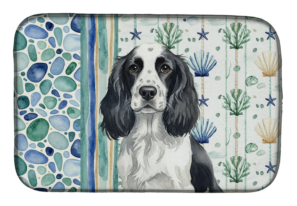 Black and White English Springer Spaniel Coastal Sea Glass Dish Drying Mat Absorbent Dish Drying Mat Pad for Kitchen Counter Dish Drainer Mat for Countertop, 14 x 21", Multicolor
