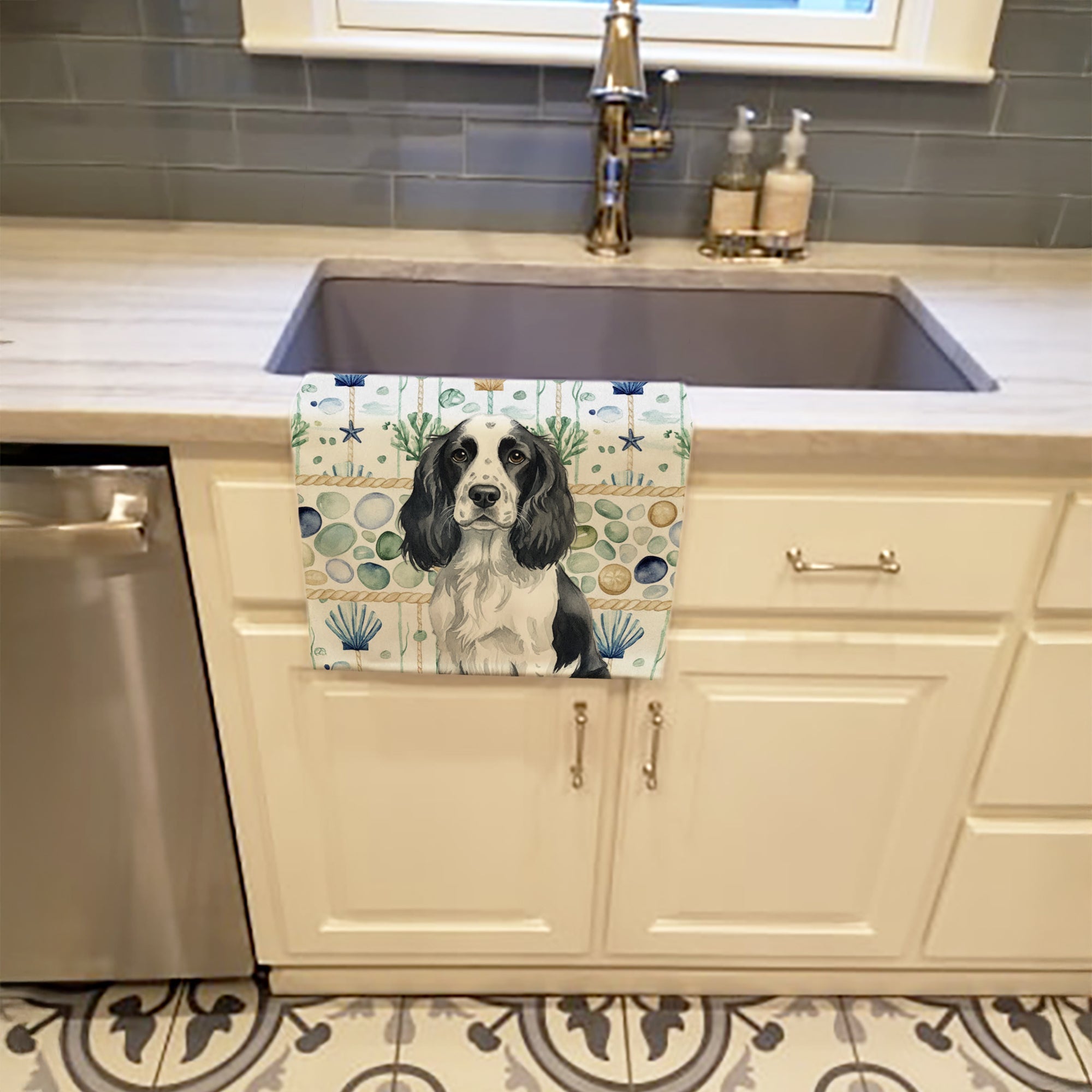 Black and White English Springer Spaniel Coastal Sea Glass Kitchen Towel Velour Plush Front and Cotton Loop Back Machine Washable
