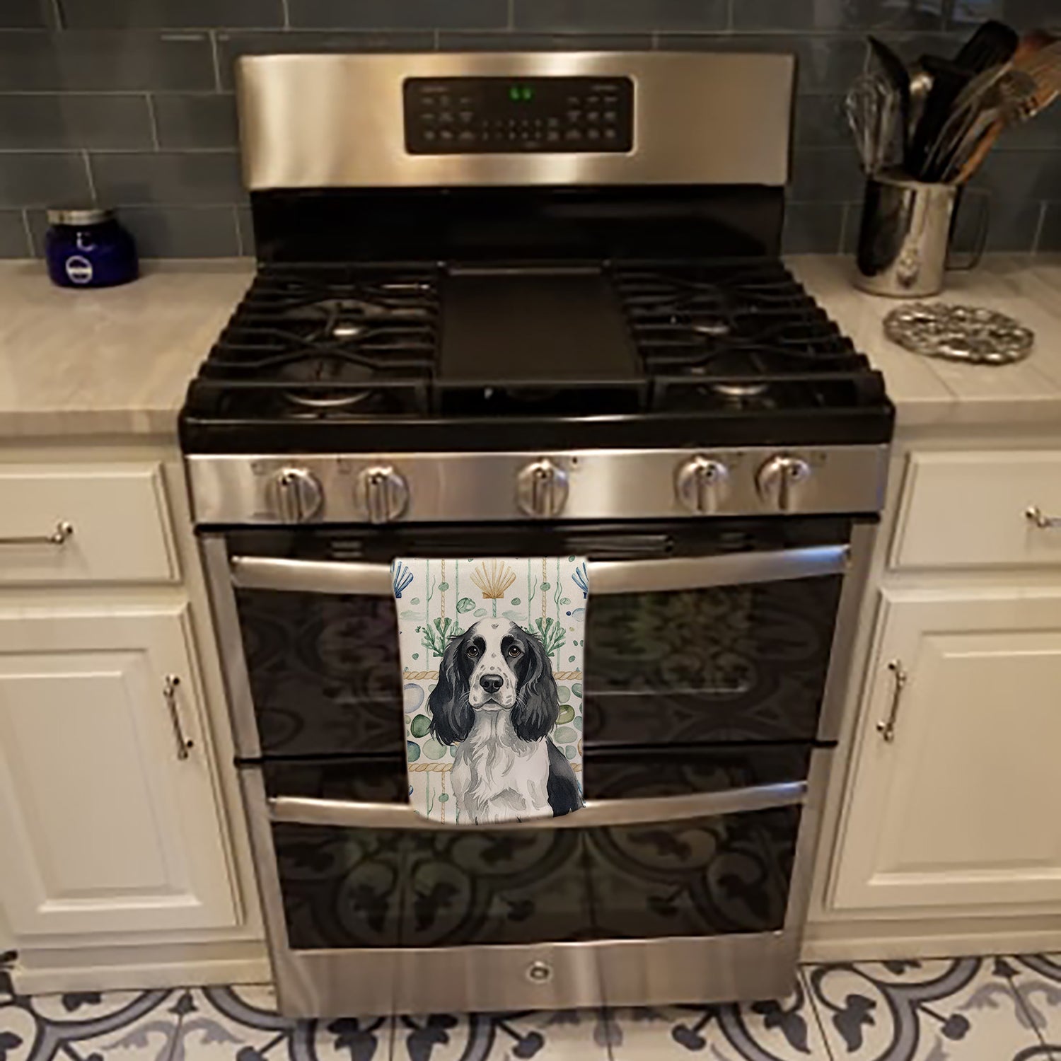 Black and White English Springer Spaniel Coastal Sea Glass Kitchen Towel Velour Plush Front and Cotton Loop Back Machine Washable