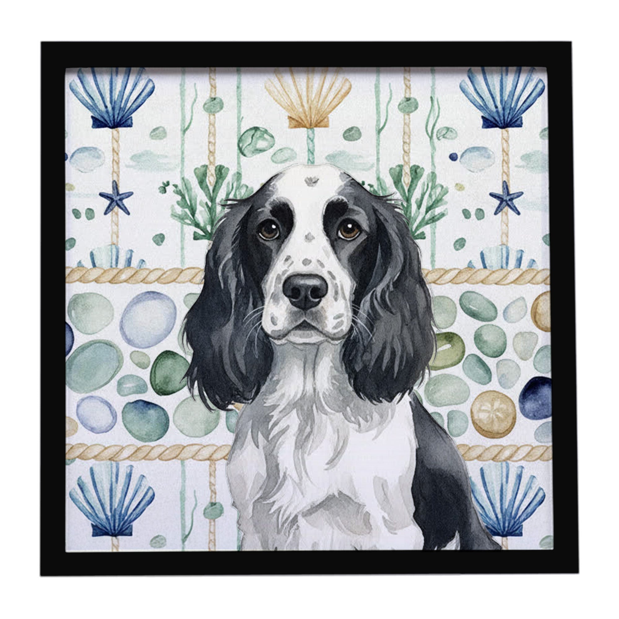 Black and White English Springer Spaniel Coastal Sea Glass Framed Metal Print Bathroom, Kitchen, Office, Home Decor Wall Art Ready to Hang, Square, 8X8