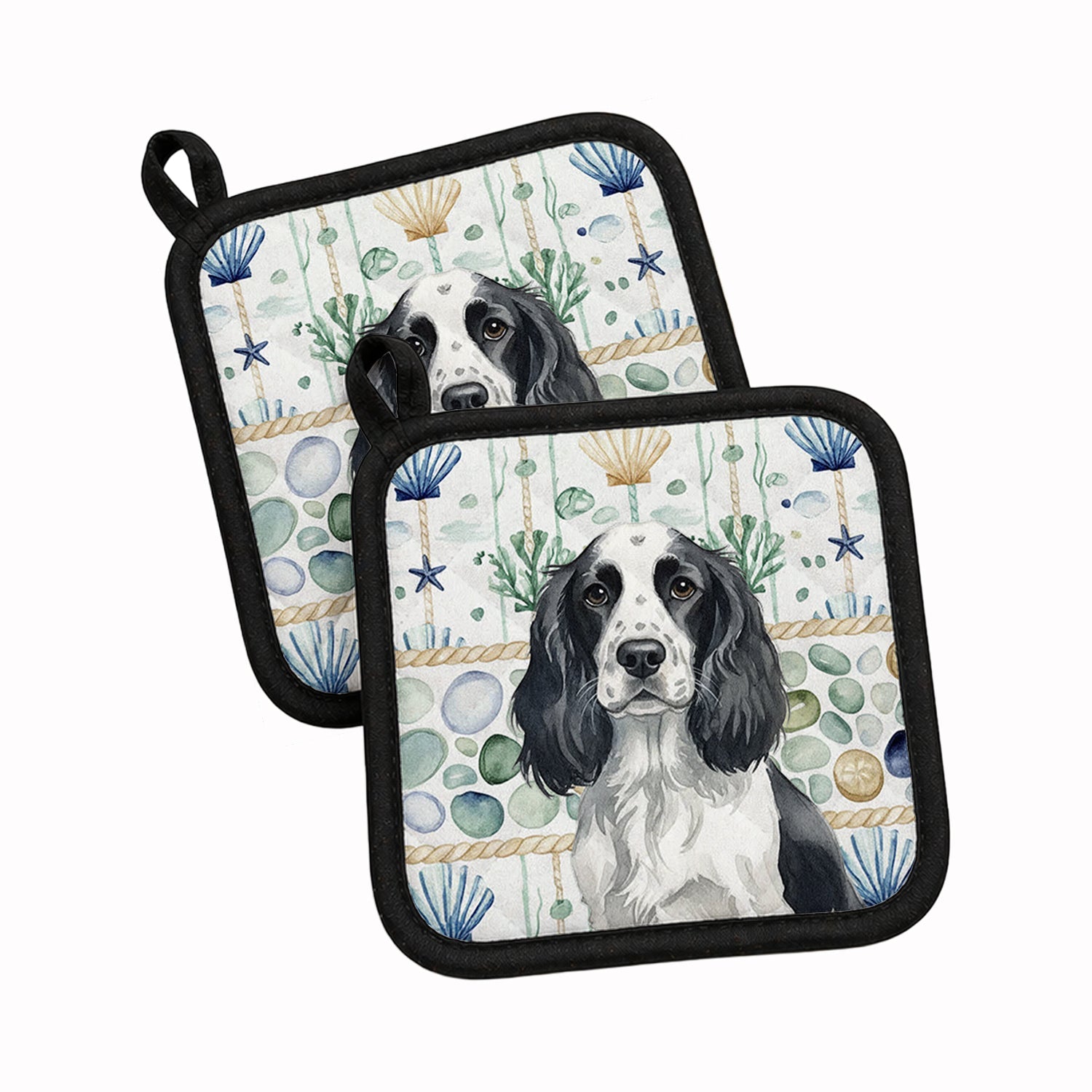 Black and White English Springer Spaniel Coastal Sea Glass Pot Holder Set of 2 Heat Resistant Quilted Hot Pads 7.5 x 7.5 Inch, Insulated Kitchen Trivets for Cooking & Baking
