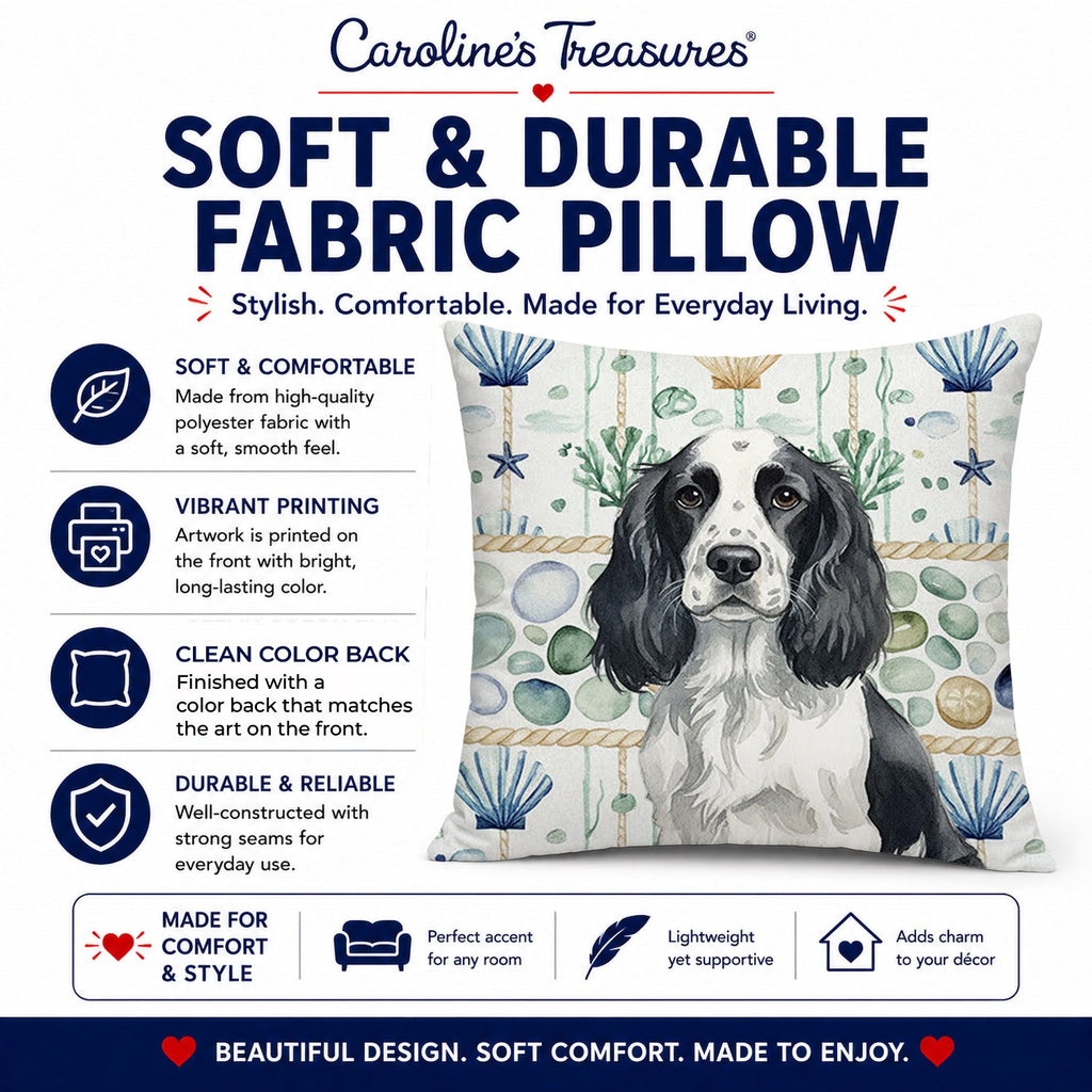 Black and White English Springer Spaniel Coastal Sea Glass Decorative Throw Pillow 14x14 Indoor Outdoor Accent Cushion, Fabric Cover with Insert for Sofa, Bed, Porch & Living Room