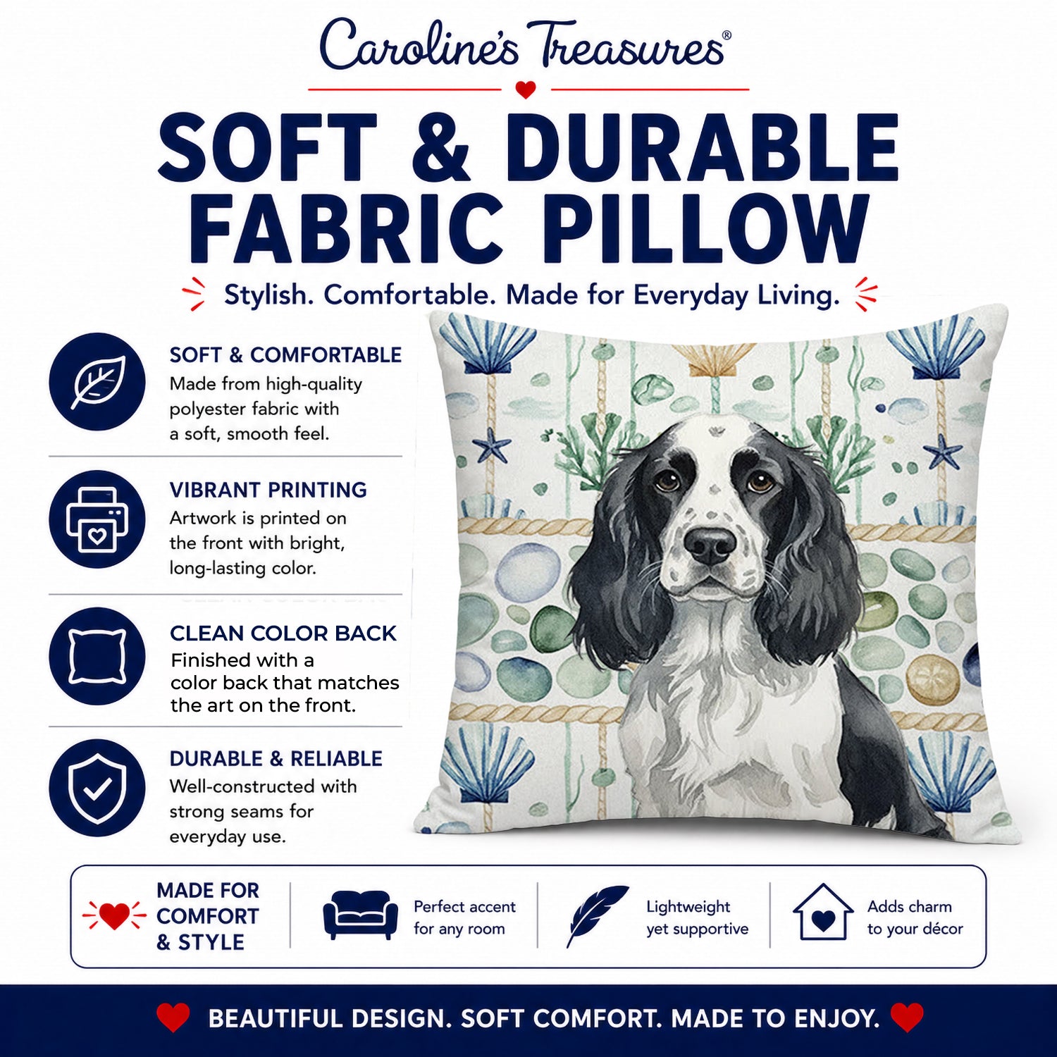 Black and White English Springer Spaniel Coastal Sea Glass Decorative Throw Pillow 14x14 Indoor Outdoor Accent Cushion, Fabric Cover with Insert for Sofa, Bed, Porch & Living Room
