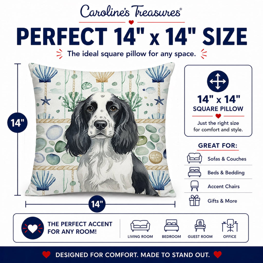 Black and White English Springer Spaniel Coastal Sea Glass Decorative Throw Pillow 14x14 Indoor Outdoor Accent Cushion, Fabric Cover with Insert for Sofa, Bed, Porch & Living Room