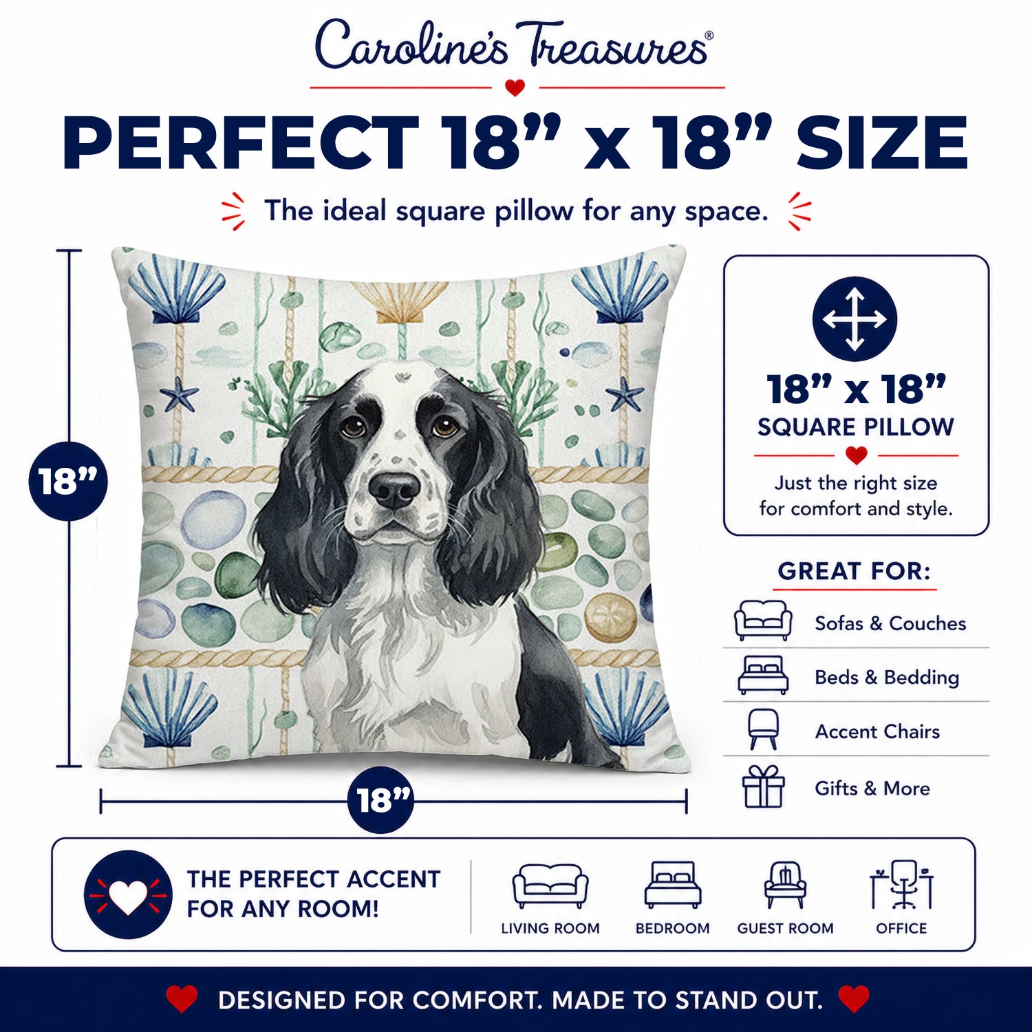 Black and White English Springer Spaniel Coastal Sea Glass Decorative Throw Pillow 18x18 Indoor Outdoor Accent Cushion, Fabric Cover with Insert for Sofa, Bed, Porch & Living Room
