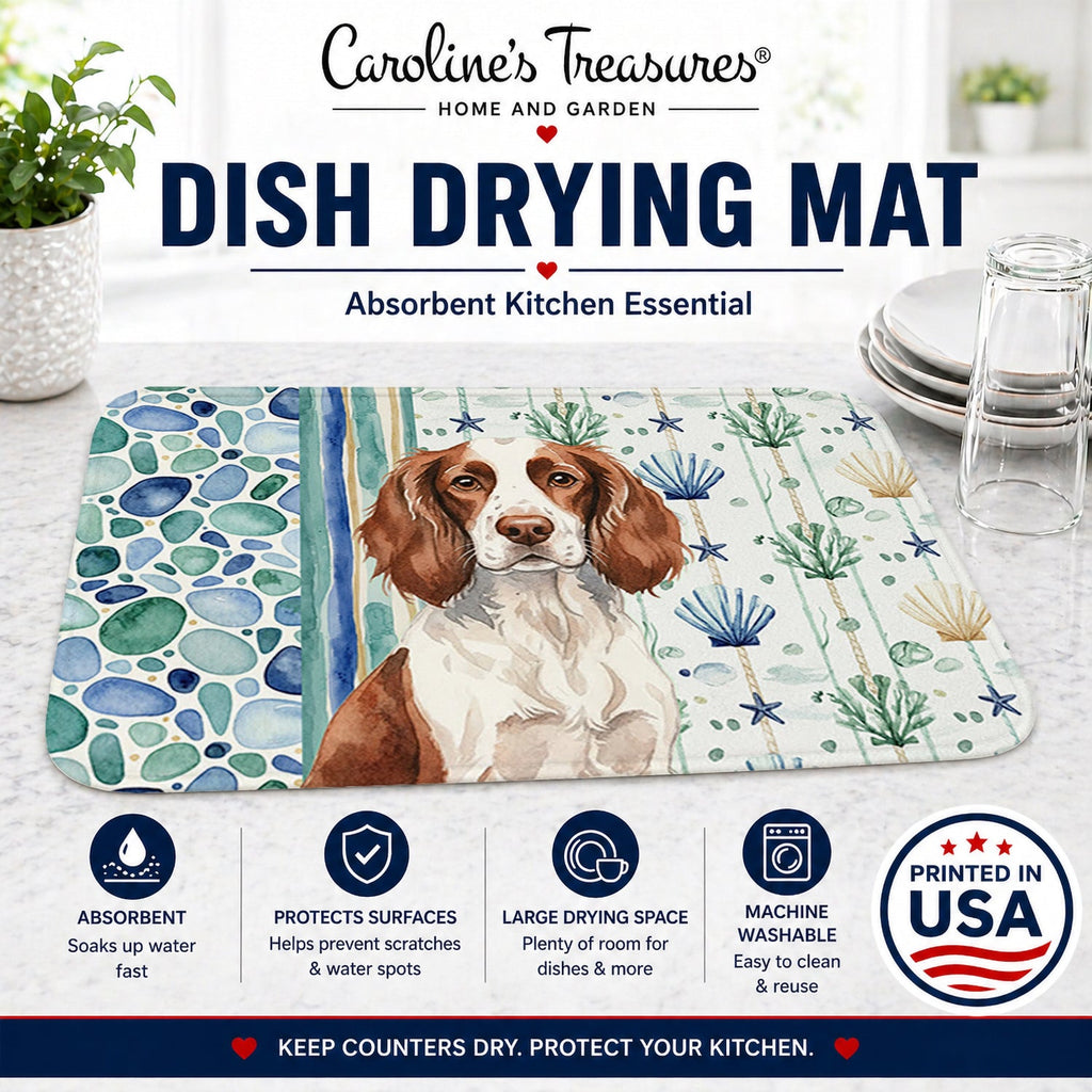 Liver and White English Springer Spaniel Coastal Sea Glass Dish Drying Mat Absorbent Dish Drying Mat Pad for Kitchen Counter Dish Drainer Mat for Countertop, 14 x 21", Multicolor