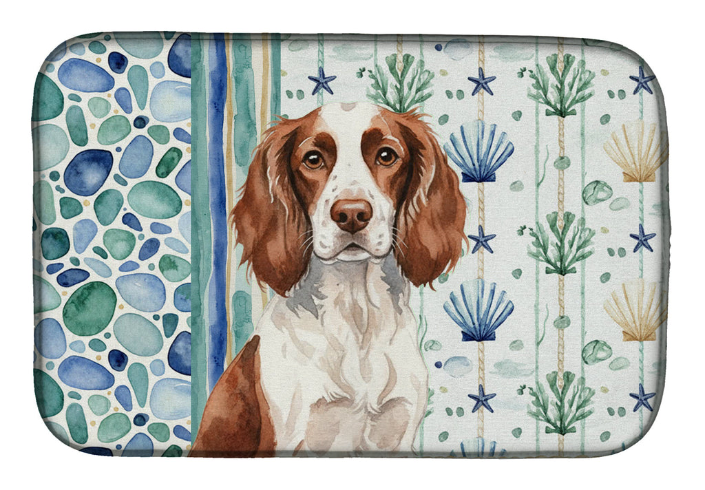 Liver and White English Springer Spaniel Coastal Sea Glass Dish Drying Mat Absorbent Dish Drying Mat Pad for Kitchen Counter Dish Drainer Mat for Countertop, 14 x 21", Multicolor