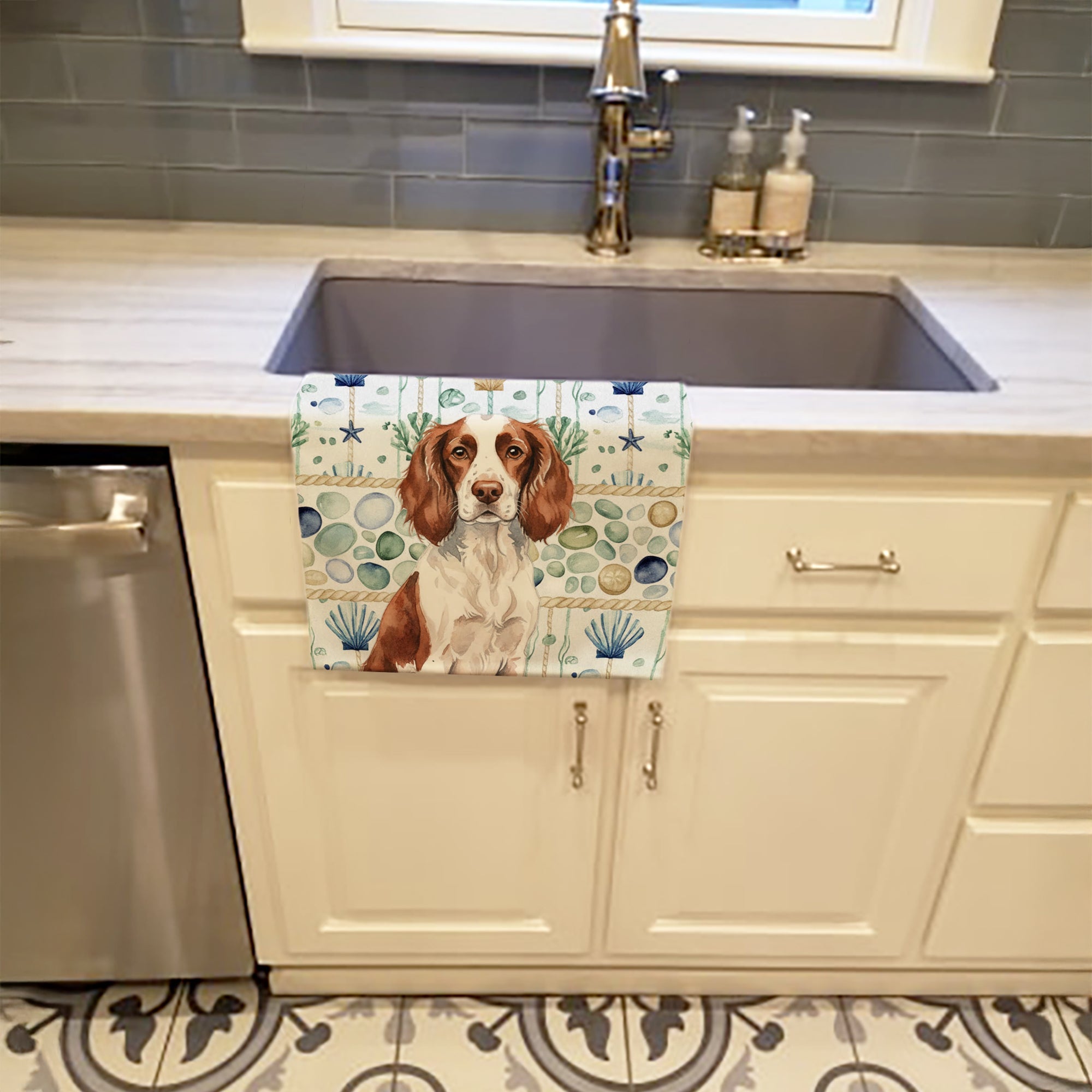Liver and White English Springer Spaniel Coastal Sea Glass Kitchen Towel Velour Plush Front and Cotton Loop Back Machine Washable