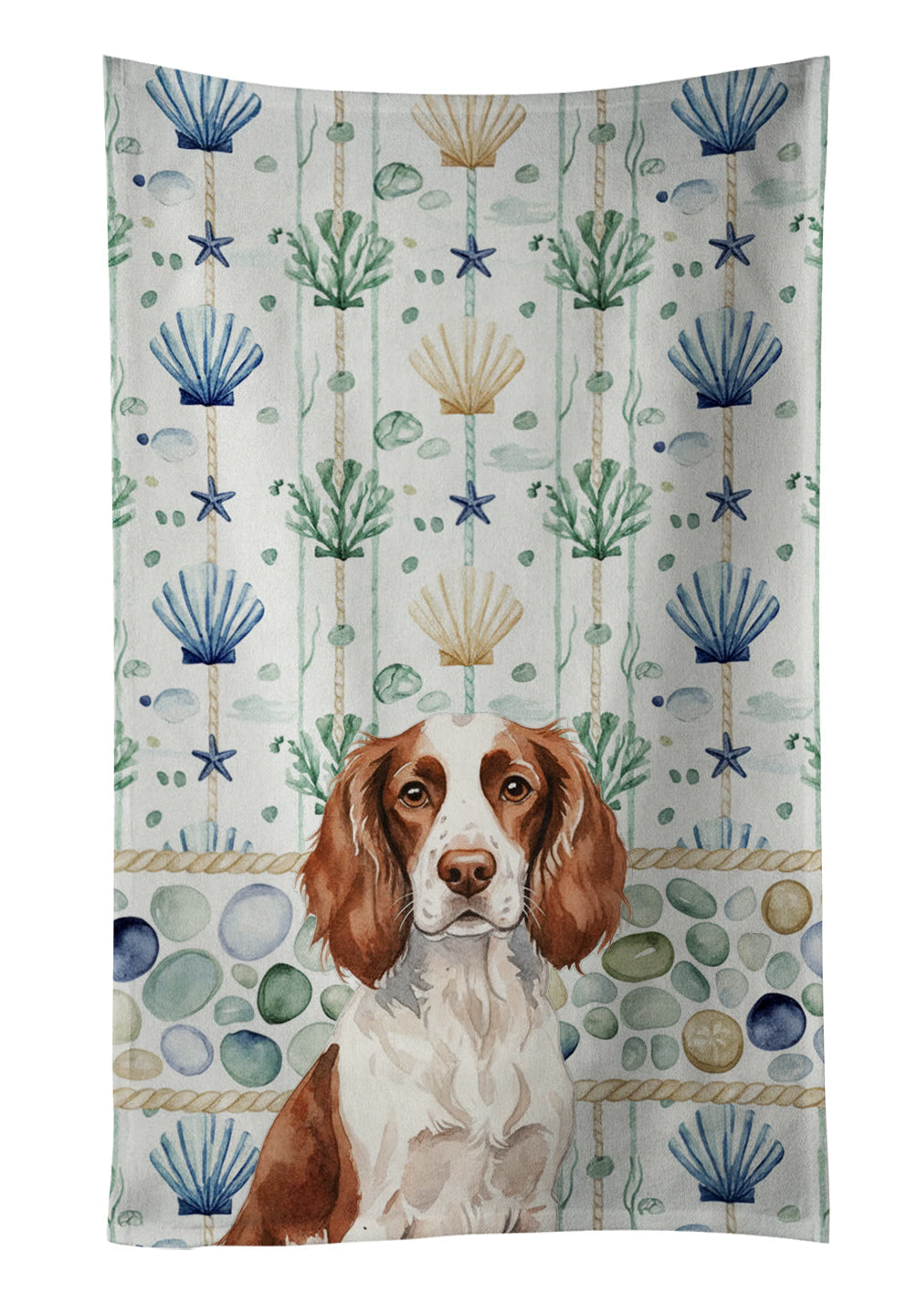 Liver and White English Springer Spaniel Coastal Sea Glass Kitchen Towel Velour Plush Front and Cotton Loop Back Machine Washable