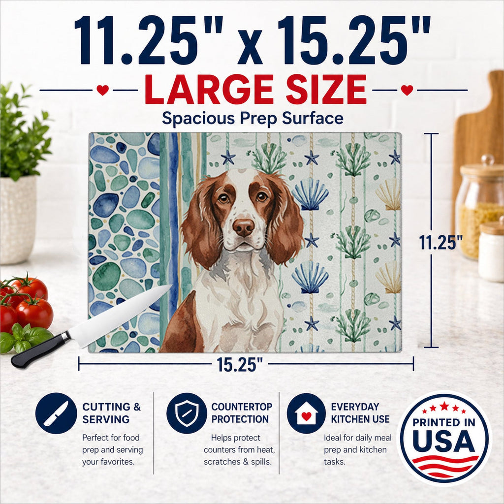 Liver and White English Springer Spaniel Coastal Sea Glass Cutting Board Tempered Glass Kitchen Cutting Surface, Heat Resistant Chopping, Non-Slip Feet, Food Prep & Serving