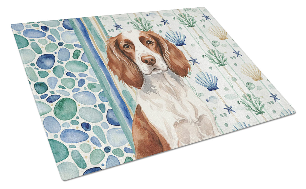 Liver and White English Springer Spaniel Coastal Sea Glass Cutting Board Tempered Glass Kitchen Cutting Surface, Heat Resistant Chopping, Non-Slip Feet, Food Prep & Serving