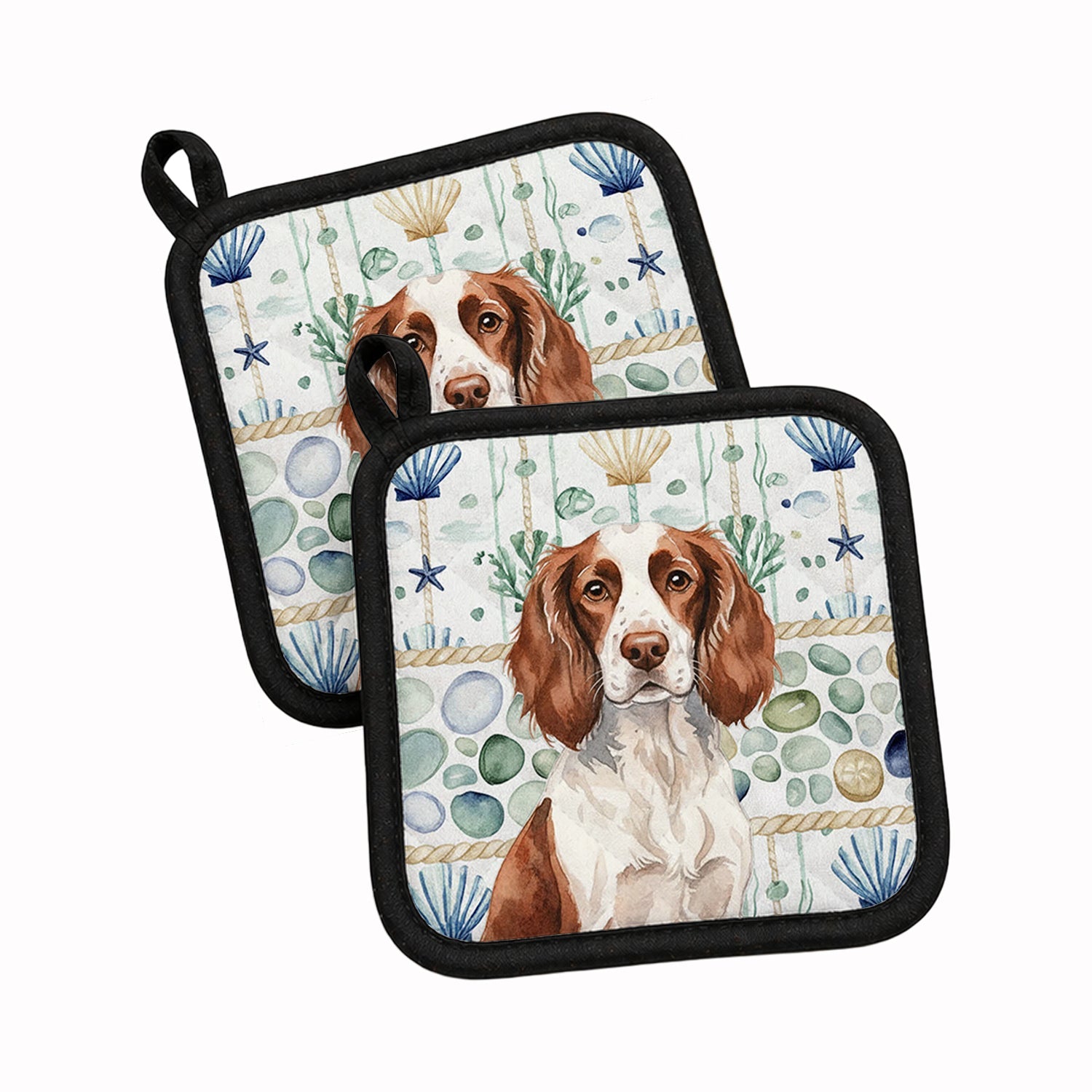 Liver and White English Springer Spaniel Coastal Sea Glass Pot Holder Set of 2 Heat Resistant Quilted Hot Pads 7.5 x 7.5 Inch, Insulated Kitchen Trivets for Cooking & Baking