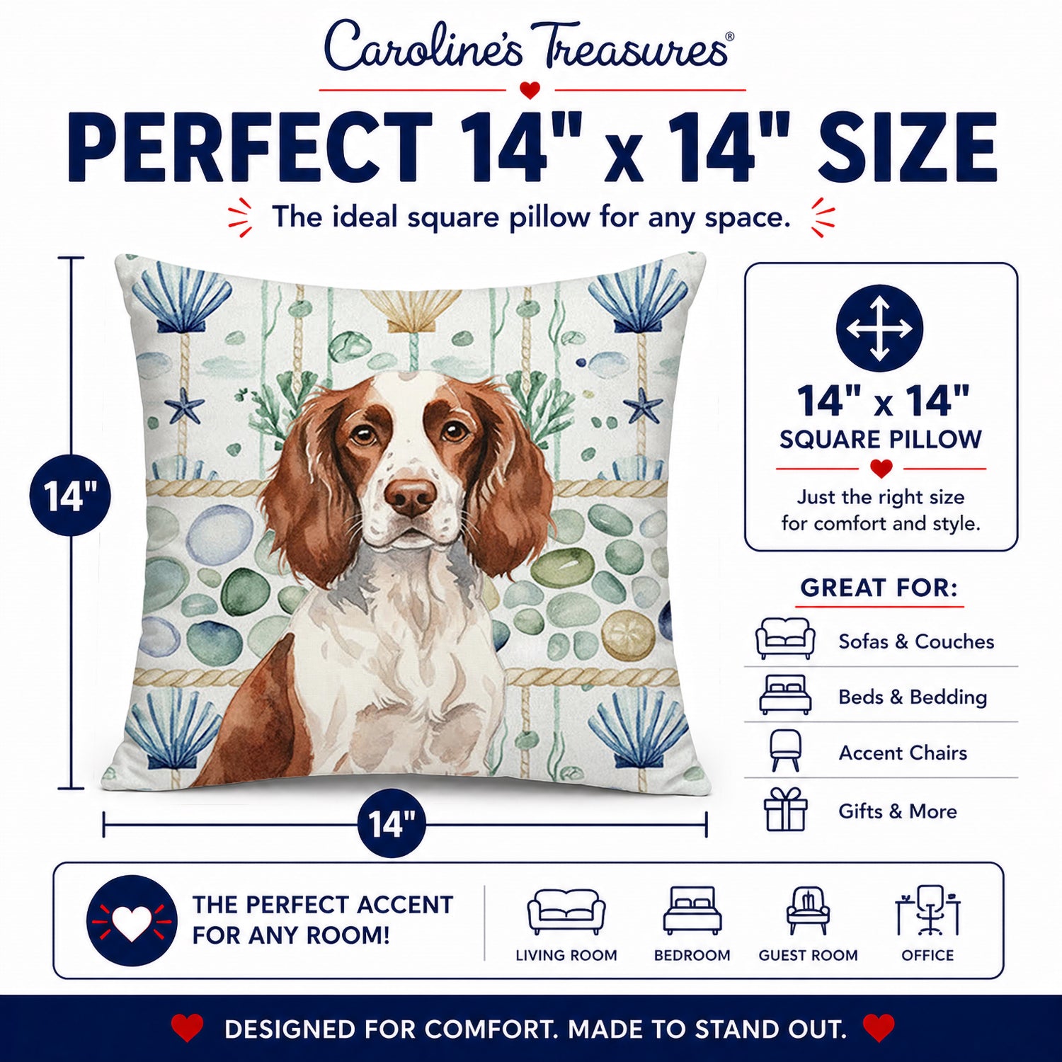 Liver and White English Springer Spaniel Coastal Sea Glass Decorative Throw Pillow 14x14 Indoor Outdoor Accent Cushion, Fabric Cover with Insert for Sofa, Bed, Porch & Living Room