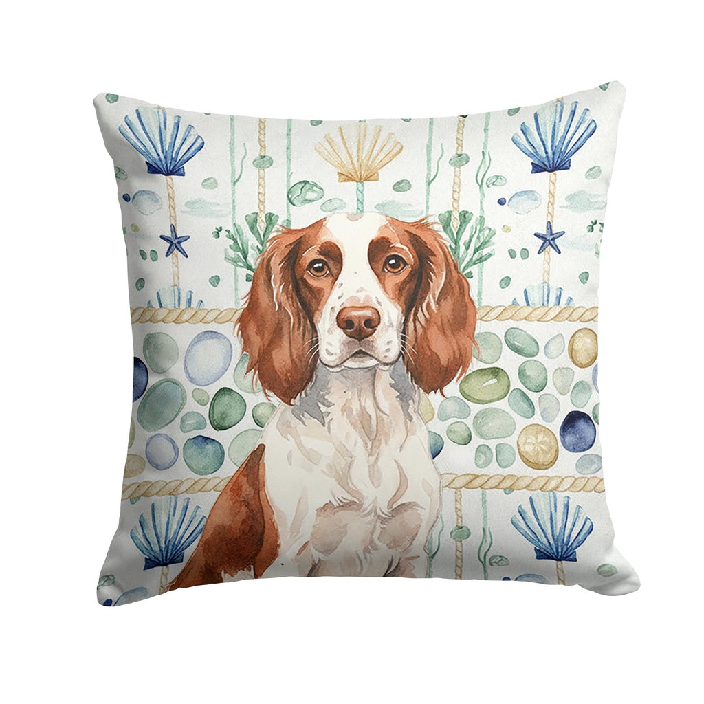 Liver and White English Springer Spaniel Coastal Sea Glass Decorative Throw Pillow 14x14 Indoor Outdoor Accent Cushion, Fabric Cover with Insert for Sofa, Bed, Porch & Living Room
