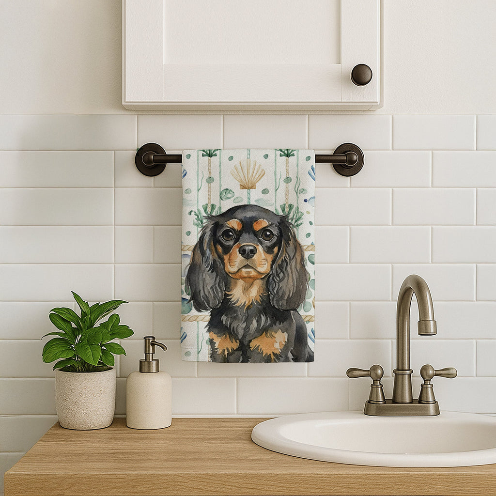 Black and Tan English Toy Spaniel Coastal Sea Glass Kitchen Towel Velour Plush Front and Cotton Loop Back Machine Washable