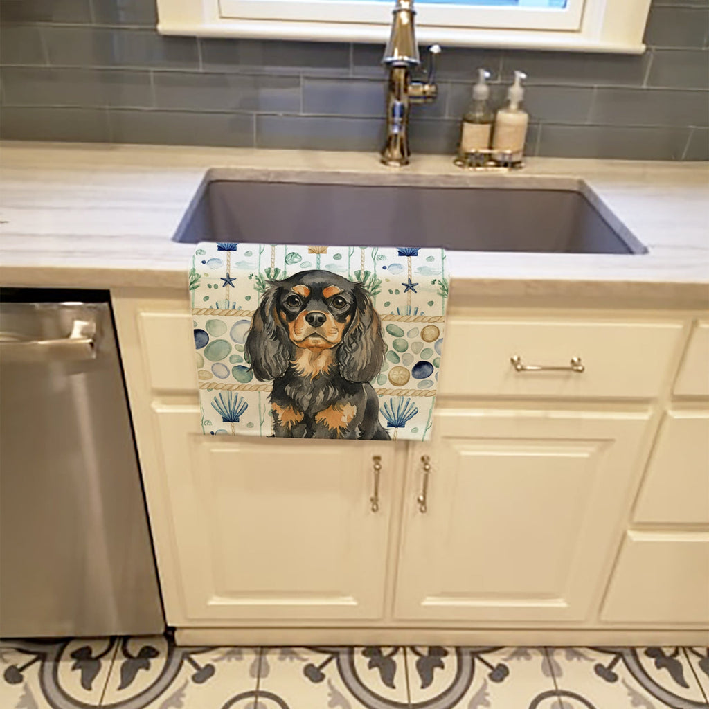 Black and Tan English Toy Spaniel Coastal Sea Glass Kitchen Towel Velour Plush Front and Cotton Loop Back Machine Washable