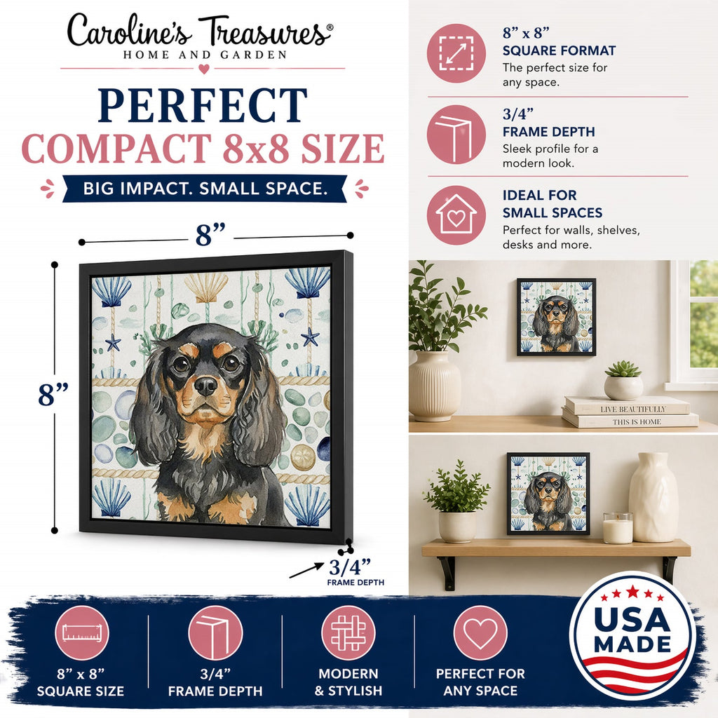 Black and Tan English Toy Spaniel Coastal Sea Glass Framed Metal Print Bathroom, Kitchen, Office, Home Decor Wall Art Ready to Hang, Square, 8X8