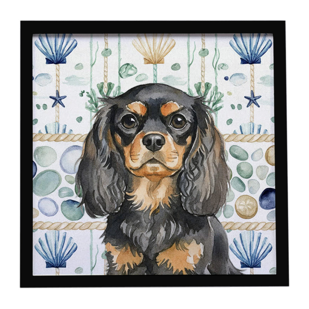 Black and Tan English Toy Spaniel Coastal Sea Glass Framed Metal Print Bathroom, Kitchen, Office, Home Decor Wall Art Ready to Hang, Square, 8X8