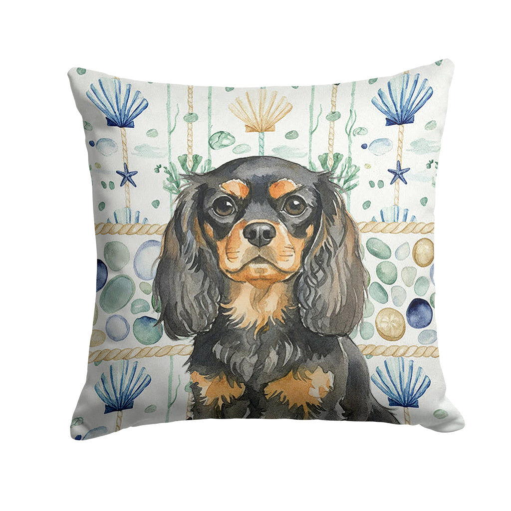 Black and Tan English Toy Spaniel Coastal Sea Glass Decorative Throw Pillow 14x14 Indoor Outdoor Accent Cushion, Fabric Cover with Insert for Sofa, Bed, Porch & Living Room