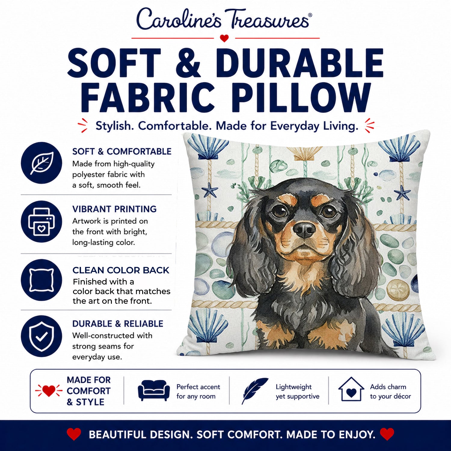 Black and Tan English Toy Spaniel Coastal Sea Glass Decorative Throw Pillow 18x18 Indoor Outdoor Accent Cushion, Fabric Cover with Insert for Sofa, Bed, Porch & Living Room