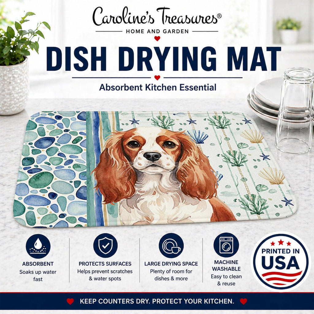 Blenheim English Toy Spaniel Coastal Sea Glass Dish Drying Mat Absorbent Dish Drying Mat Pad for Kitchen Counter Dish Drainer Mat for Countertop, 14 x 21", Multicolor