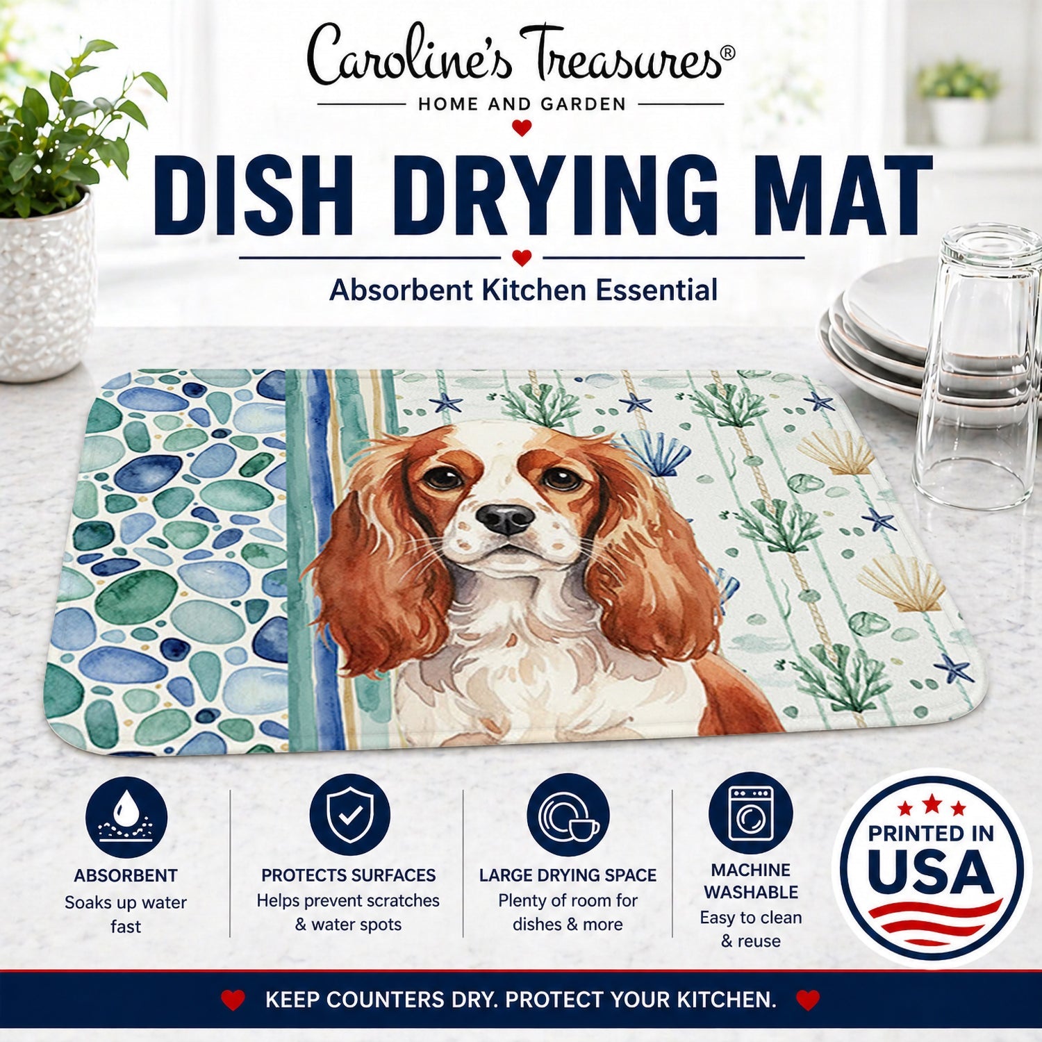 Blenheim English Toy Spaniel Coastal Sea Glass Dish Drying Mat Absorbent Dish Drying Mat Pad for Kitchen Counter Dish Drainer Mat for Countertop, 14 x 21", Multicolor