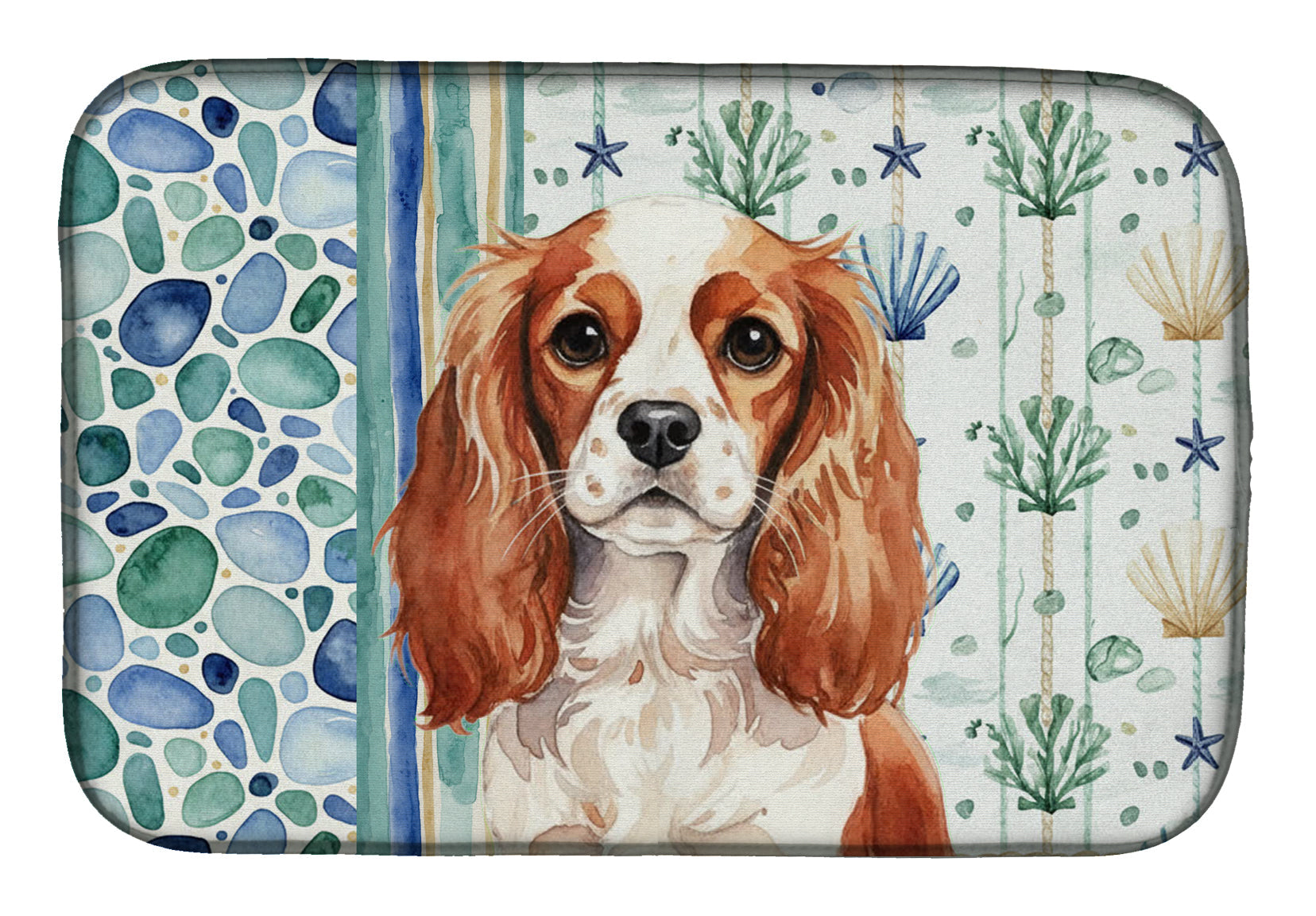 Blenheim English Toy Spaniel Coastal Sea Glass Dish Drying Mat Absorbent Dish Drying Mat Pad for Kitchen Counter Dish Drainer Mat for Countertop, 14 x 21", Multicolor