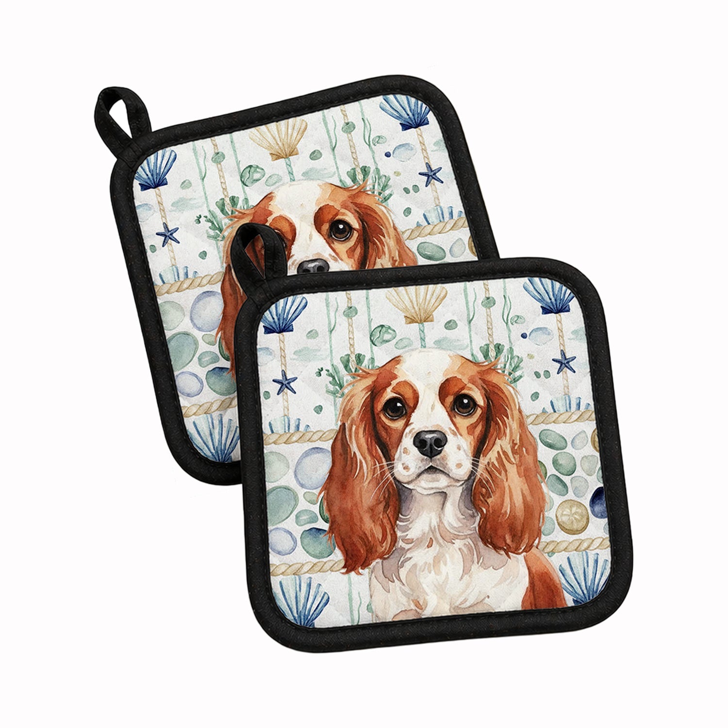Blenheim English Toy Spaniel Coastal Sea Glass Pot Holder Set of 2 Heat Resistant Quilted Hot Pads 7.5 x 7.5 Inch, Insulated Kitchen Trivets for Cooking & Baking