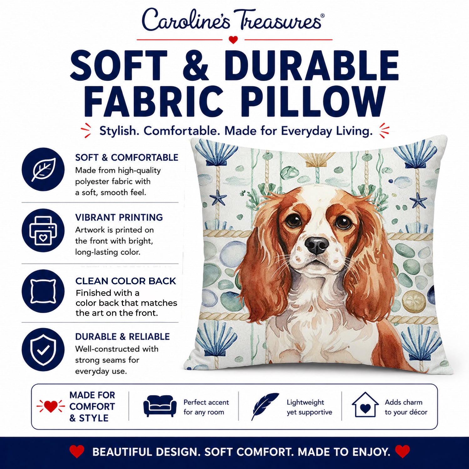 Blenheim English Toy Spaniel Coastal Sea Glass Decorative Throw Pillow 18x18 Indoor Outdoor Accent Cushion, Fabric Cover with Insert for Sofa, Bed, Porch & Living Room