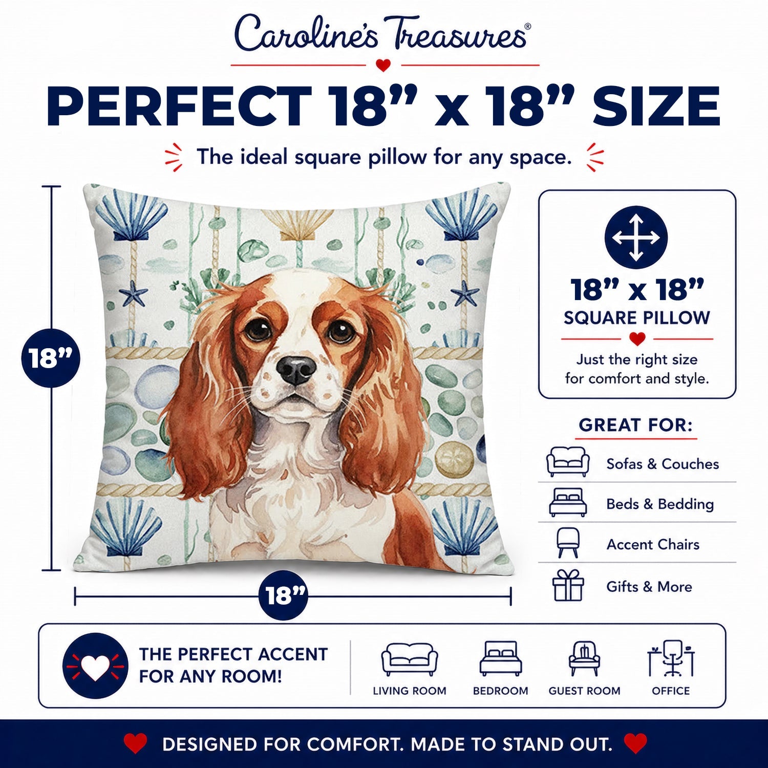 Blenheim English Toy Spaniel Coastal Sea Glass Decorative Throw Pillow 18x18 Indoor Outdoor Accent Cushion, Fabric Cover with Insert for Sofa, Bed, Porch & Living Room
