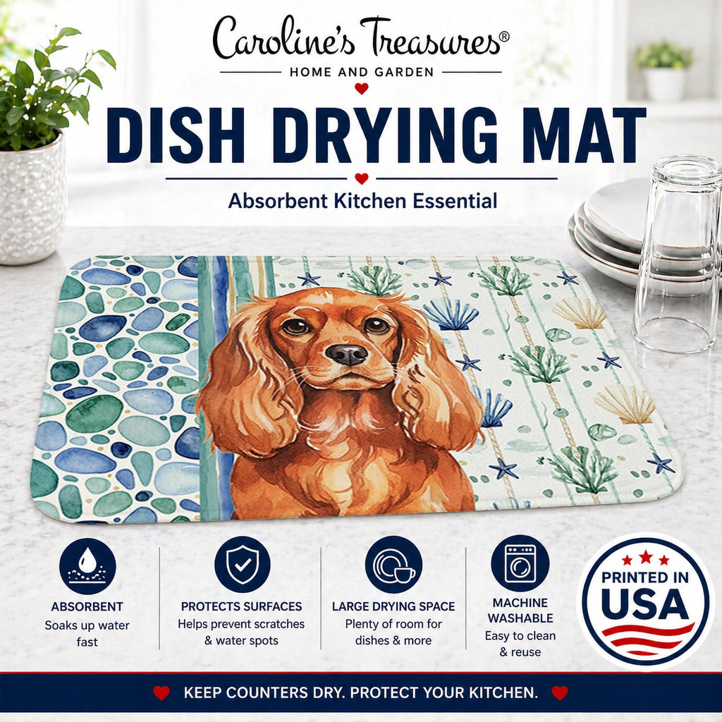 Ruby English Toy Spaniel Coastal Sea Glass Dish Drying Mat Absorbent Dish Drying Mat Pad for Kitchen Counter Dish Drainer Mat for Countertop, 14 x 21", Multicolor