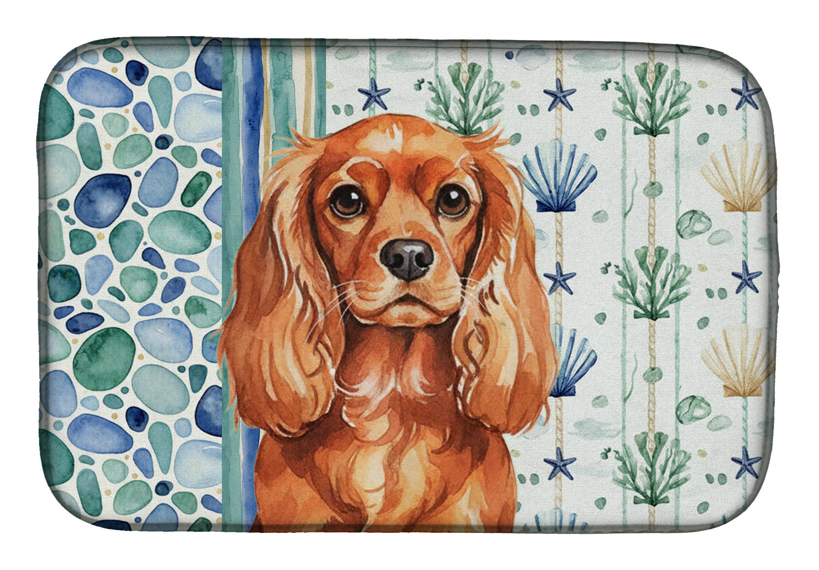 Ruby English Toy Spaniel Coastal Sea Glass Dish Drying Mat Absorbent Dish Drying Mat Pad for Kitchen Counter Dish Drainer Mat for Countertop, 14 x 21", Multicolor