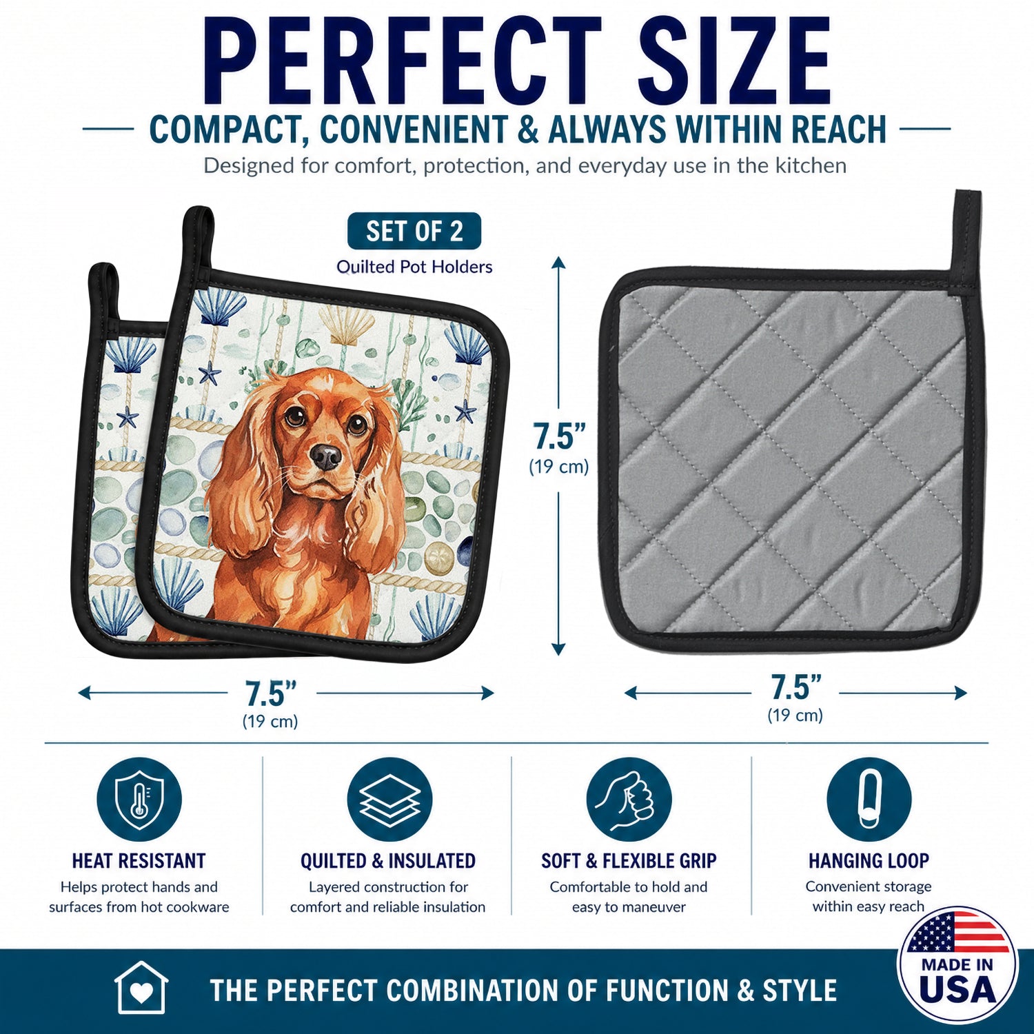 Ruby English Toy Spaniel Coastal Sea Glass Pot Holder Set of 2 Heat Resistant Quilted Hot Pads 7.5 x 7.5 Inch, Insulated Kitchen Trivets for Cooking & Baking