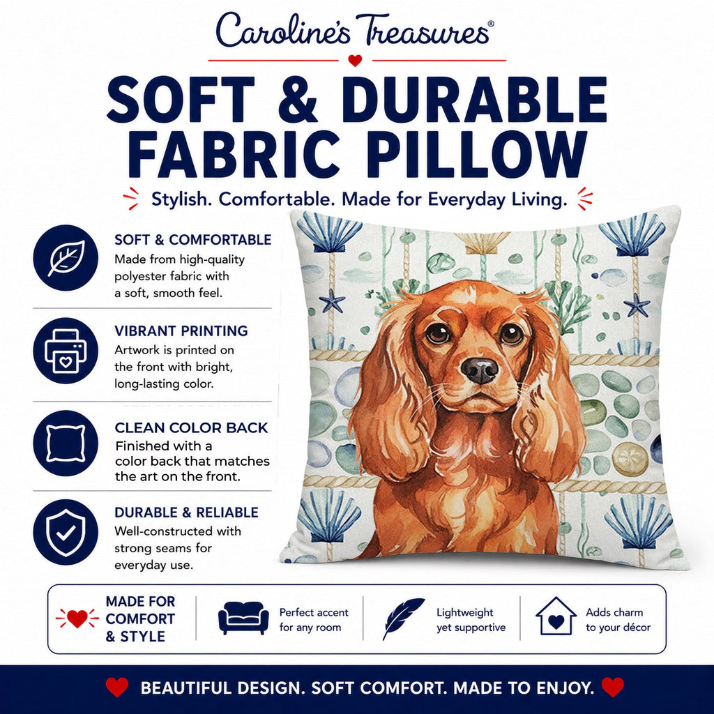 Ruby English Toy Spaniel Coastal Sea Glass Decorative Throw Pillow 18x18 Indoor Outdoor Accent Cushion, Fabric Cover with Insert for Sofa, Bed, Porch & Living Room