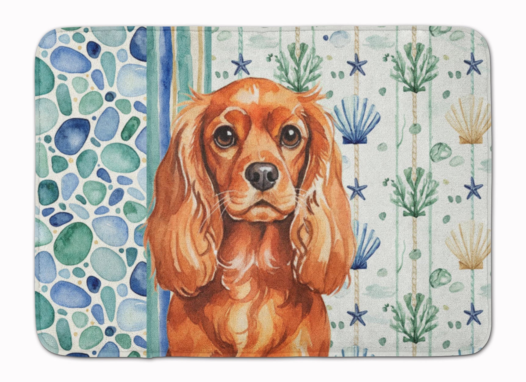 Ruby English Toy Spaniel Coastal Sea Glass Memory Foam Kitchen Mat Machine Washable Anti-Fatigue Cushion Comfort Bath or Kitchen Rug
