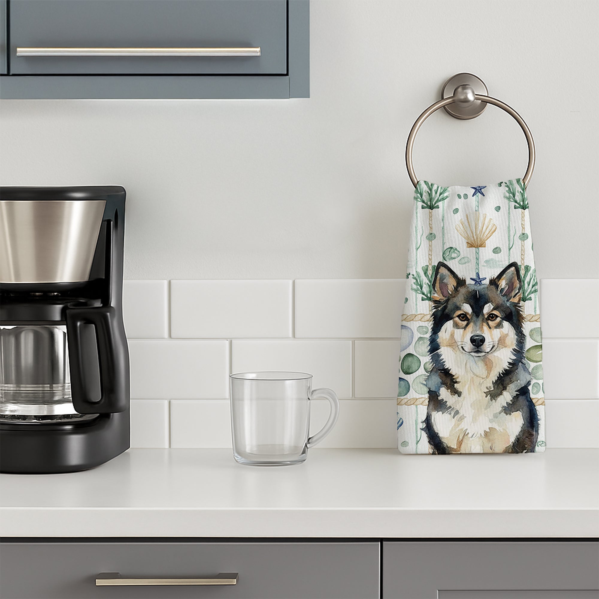 Finnish Lapphund Coastal Sea Glass Kitchen Towel Velour Plush Front and Cotton Loop Back Machine Washable