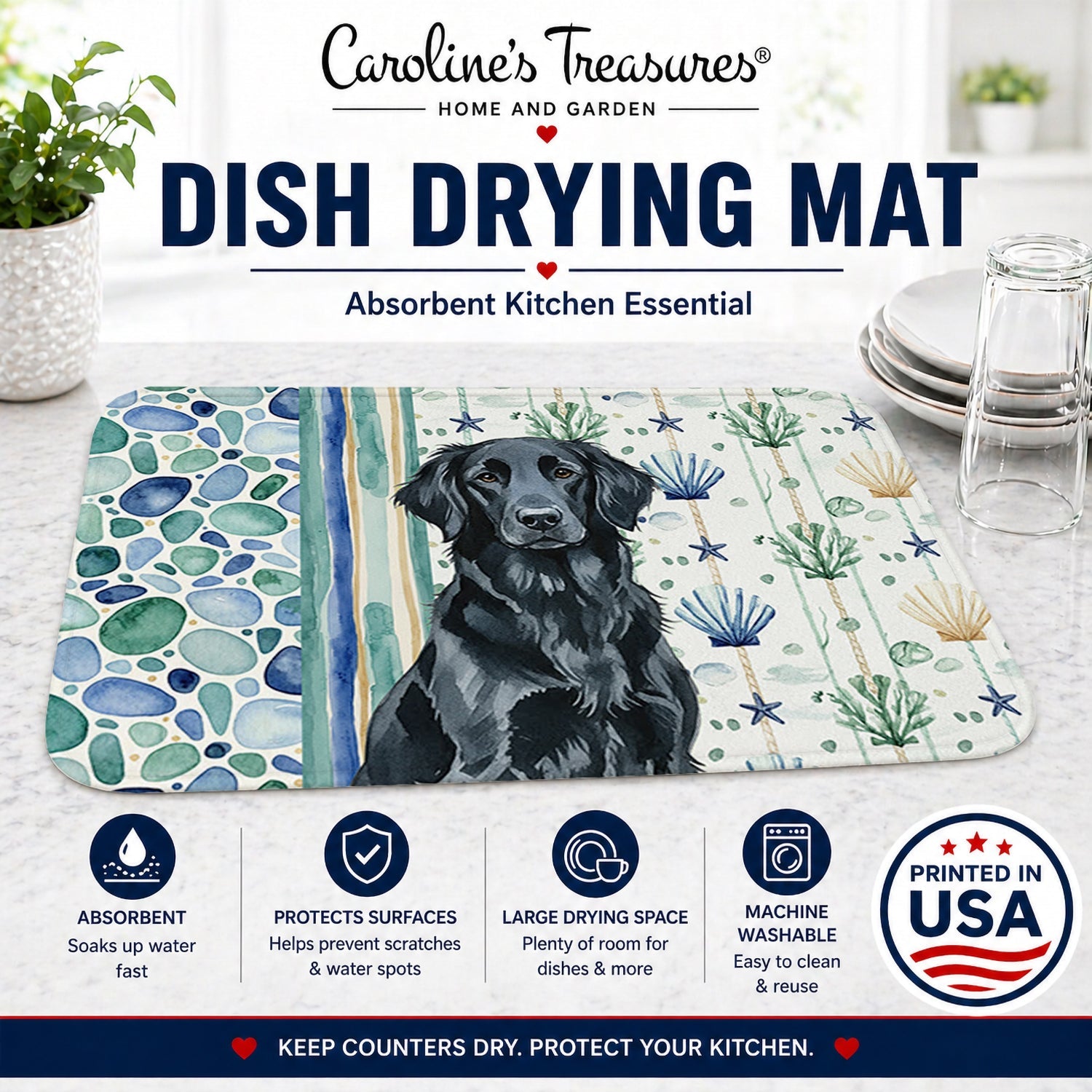 Black Flat-Coated Retriever Coastal Sea Glass Dish Drying Mat Absorbent Dish Drying Mat Pad for Kitchen Counter Dish Drainer Mat for Countertop, 14 x 21", Multicolor