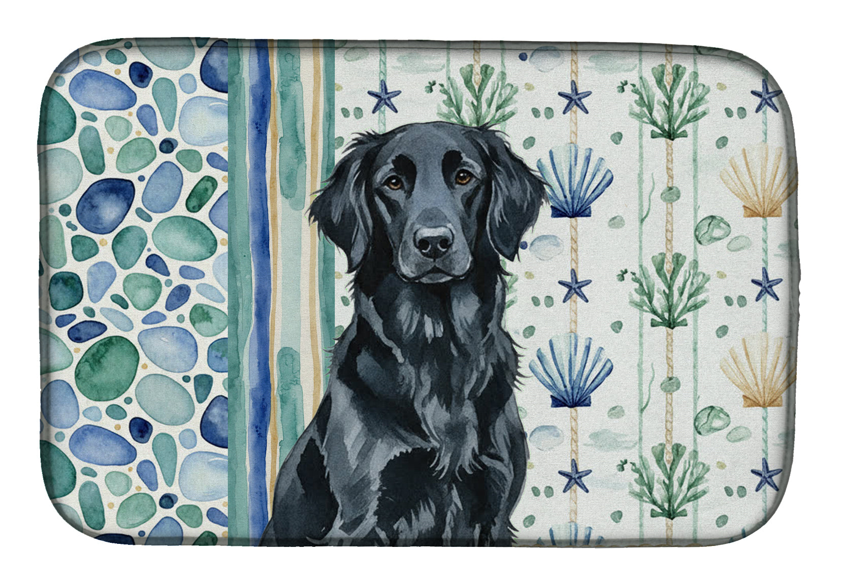 Black Flat-Coated Retriever Coastal Sea Glass Dish Drying Mat Absorbent Dish Drying Mat Pad for Kitchen Counter Dish Drainer Mat for Countertop, 14 x 21", Multicolor