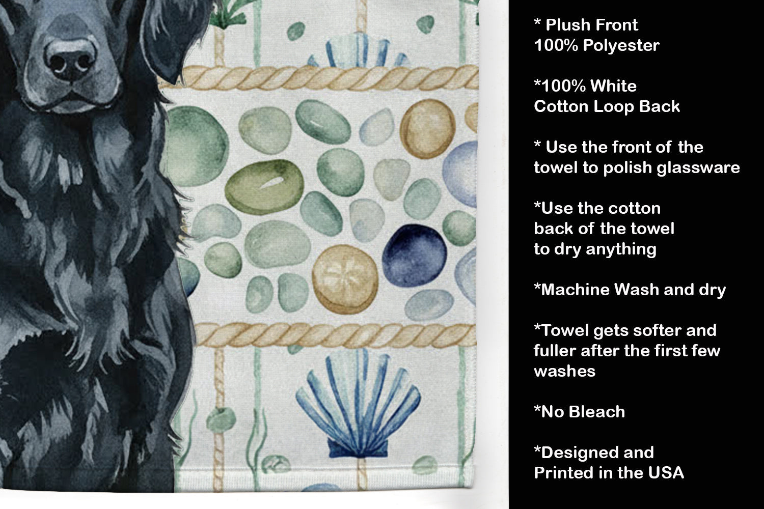 Black Flat-Coated Retriever Coastal Sea Glass Kitchen Towel Velour Plush Front and Cotton Loop Back Machine Washable