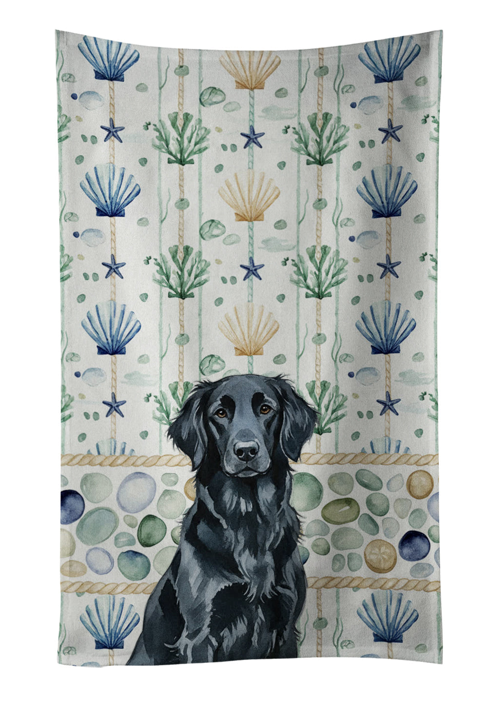 Black Flat-Coated Retriever Coastal Sea Glass Kitchen Towel Velour Plush Front and Cotton Loop Back Machine Washable