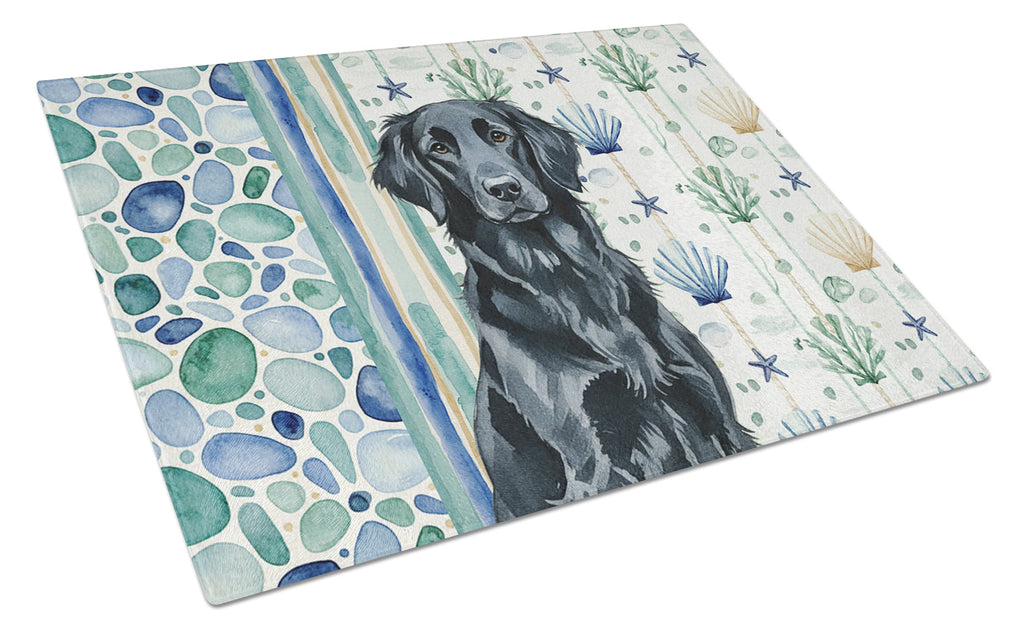 Black Flat-Coated Retriever Coastal Sea Glass Cutting Board Tempered Glass Kitchen Cutting Surface, Heat Resistant Chopping, Non-Slip Feet, Food Prep & Serving