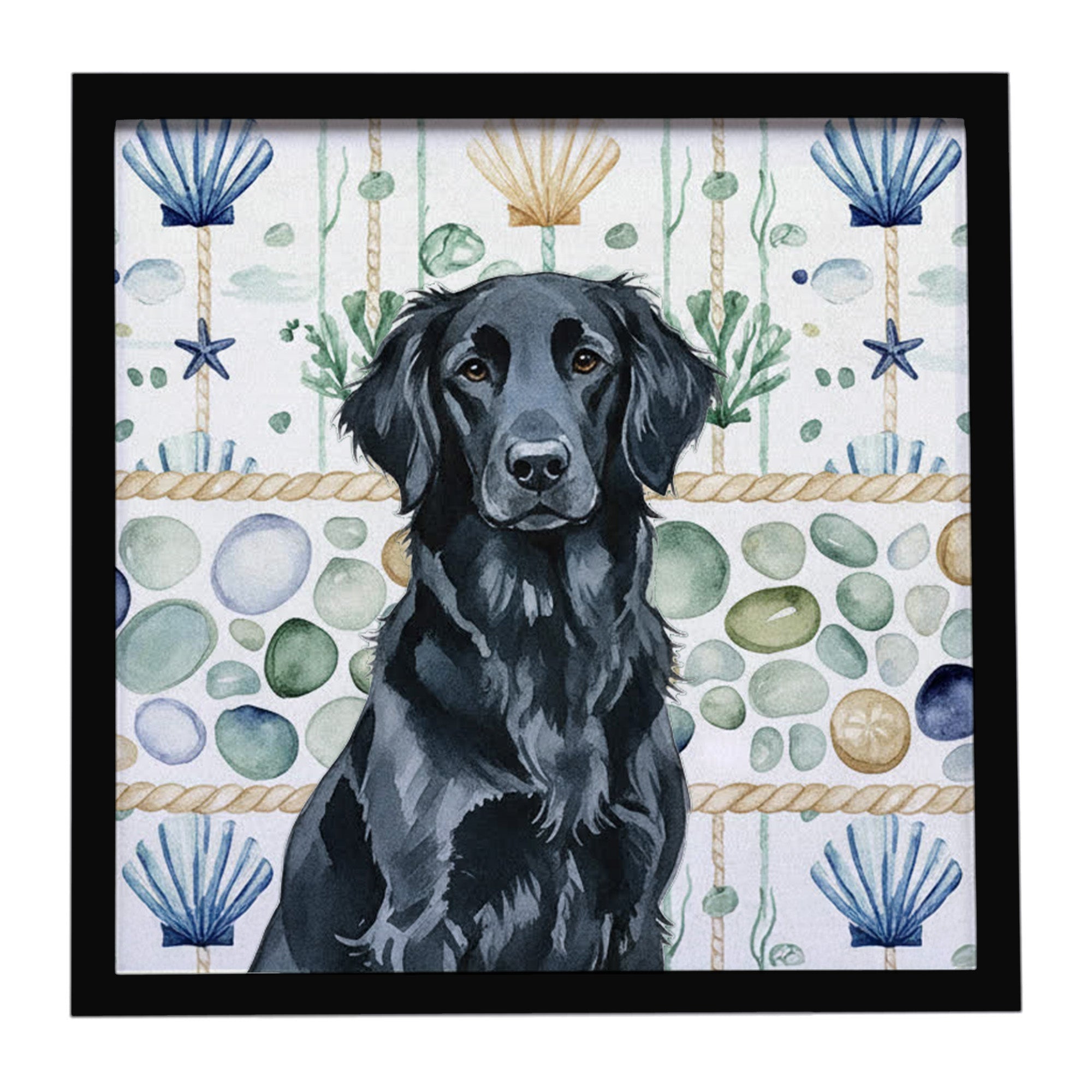 Black Flat-Coated Retriever Coastal Sea Glass Framed Metal Print Bathroom, Kitchen, Office, Home Decor Wall Art Ready to Hang, Square, 8X8