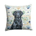 Black Flat-Coated Retriever Coastal Sea Glass Decorative Throw Pillow 14x14 Indoor Outdoor Accent Cushion, Fabric Cover with Insert for Sofa, Bed, Porch & Living Room
