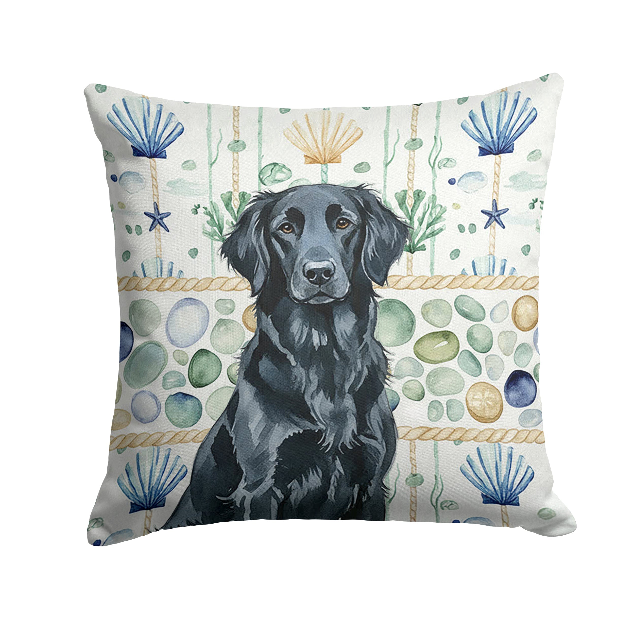 Black Flat-Coated Retriever Coastal Sea Glass Decorative Throw Pillow 14x14 Indoor Outdoor Accent Cushion, Fabric Cover with Insert for Sofa, Bed, Porch & Living Room