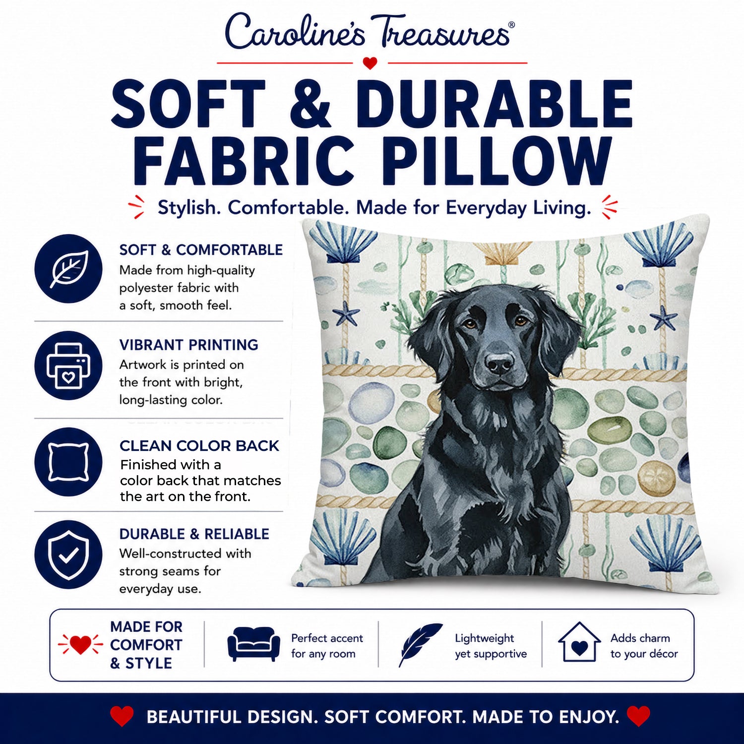 Black Flat-Coated Retriever Coastal Sea Glass Decorative Throw Pillow 18x18 Indoor Outdoor Accent Cushion, Fabric Cover with Insert for Sofa, Bed, Porch & Living Room