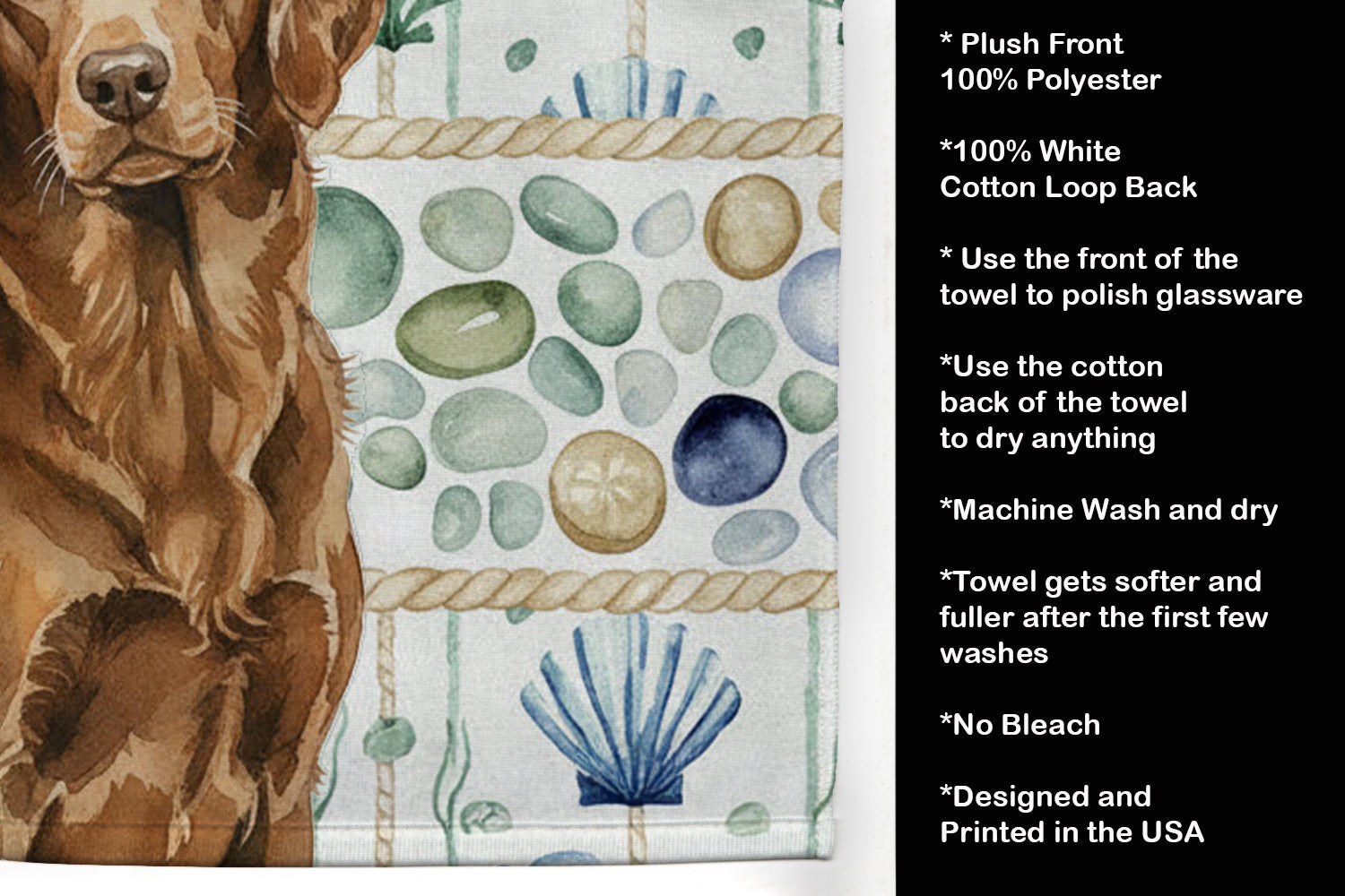 Liver Flat-Coated Retriever Coastal Sea Glass Kitchen Towel Velour Plush Front and Cotton Loop Back Machine Washable
