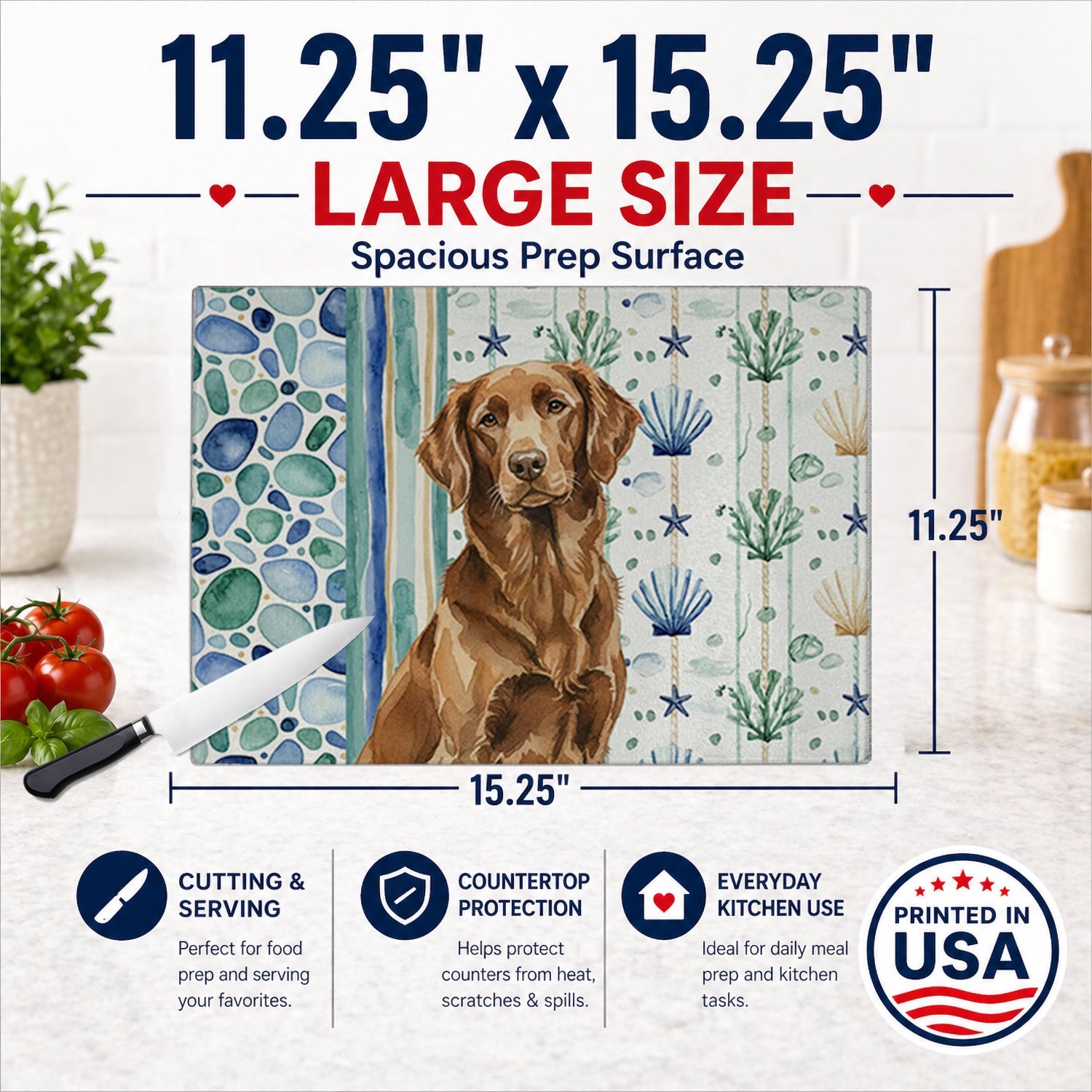 Liver Flat-Coated Retriever Coastal Sea Glass Cutting Board Tempered Glass Kitchen Cutting Surface, Heat Resistant Chopping, Non-Slip Feet, Food Prep & Serving