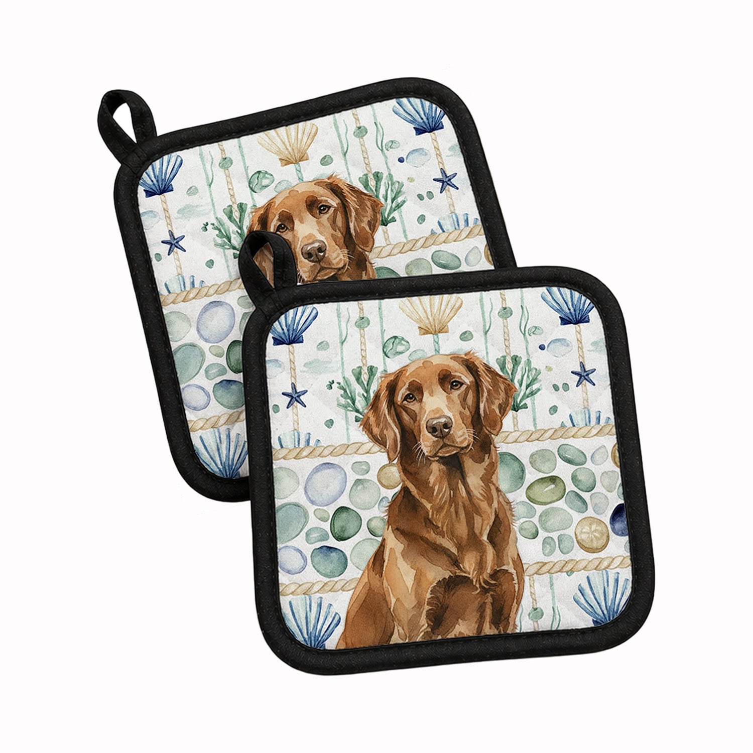 Liver Flat-Coated Retriever Coastal Sea Glass Pot Holder Set of 2 Heat Resistant Quilted Hot Pads 7.5 x 7.5 Inch, Insulated Kitchen Trivets for Cooking & Baking