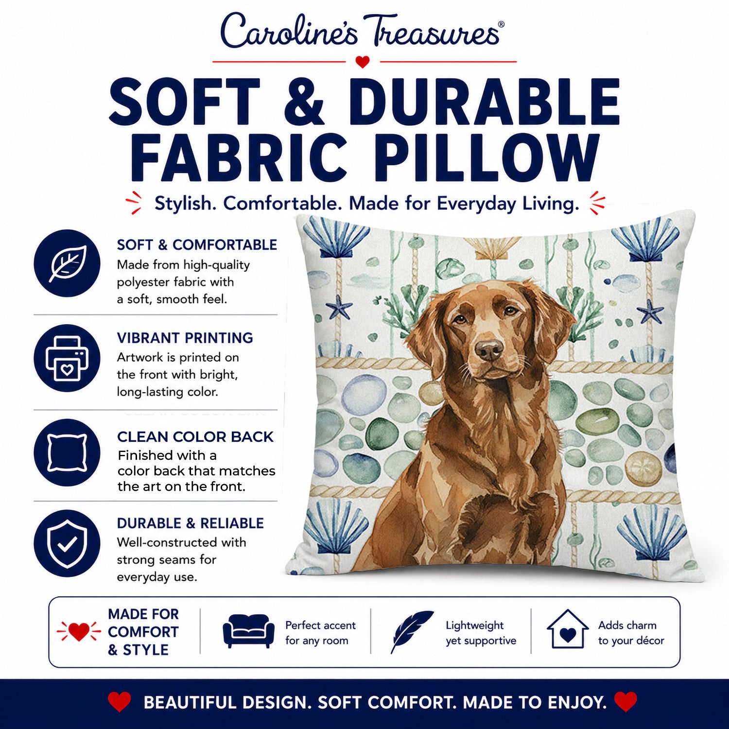 Liver Flat-Coated Retriever Coastal Sea Glass Decorative Throw Pillow 14x14 Indoor Outdoor Accent Cushion, Fabric Cover with Insert for Sofa, Bed, Porch & Living Room