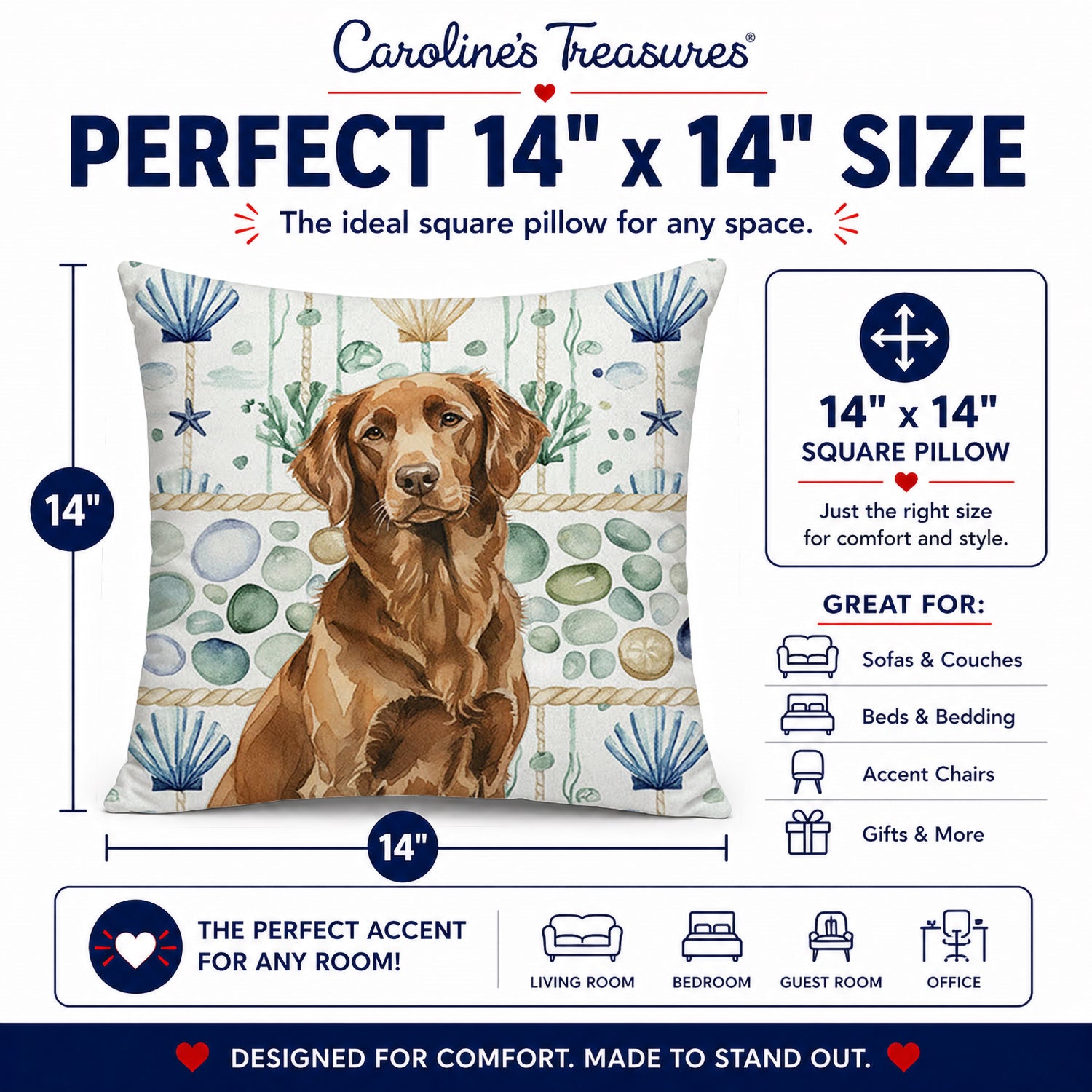 Liver Flat-Coated Retriever Coastal Sea Glass Decorative Throw Pillow 14x14 Indoor Outdoor Accent Cushion, Fabric Cover with Insert for Sofa, Bed, Porch & Living Room